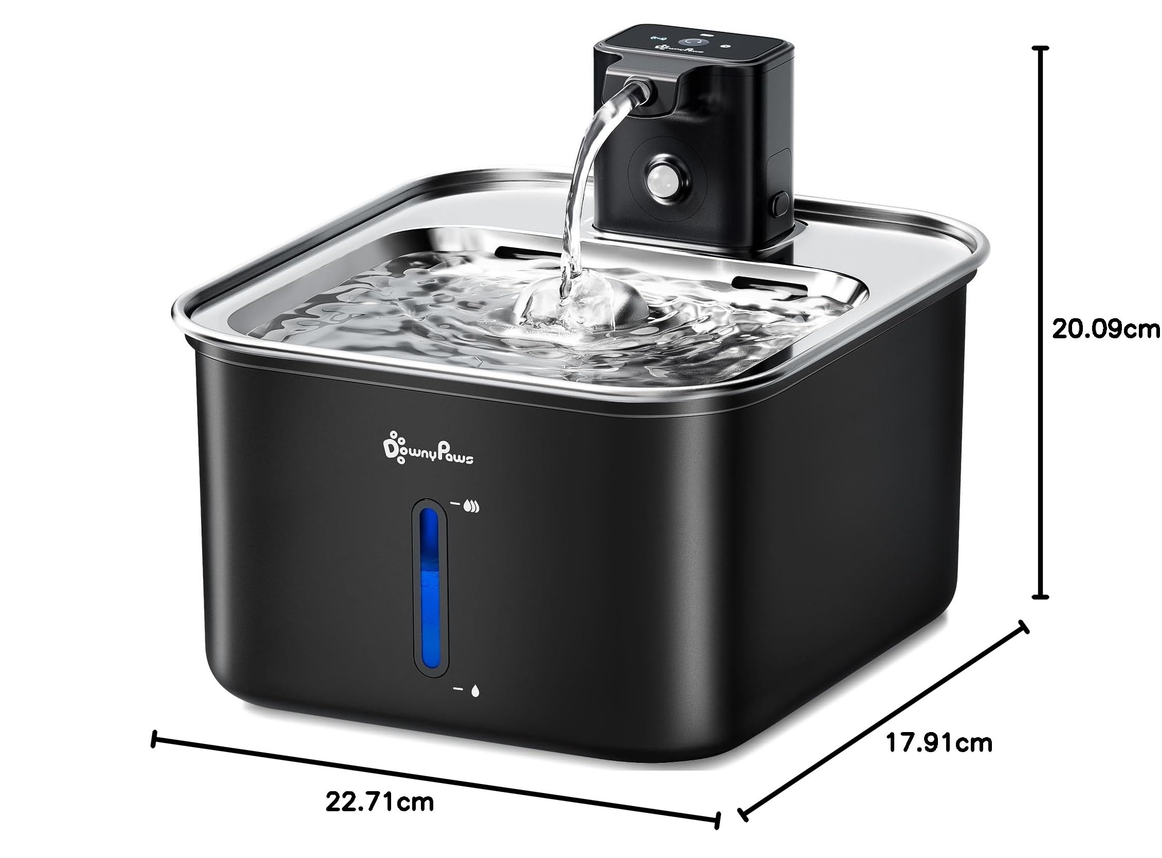 DownyPaws Fuente para Gatos sin Cable Inoxidable 3L, Bomba Silenciosa Negro | Bebedero Gatos con Sensor de Movimiento, Fuente Agua Gatos Inalámbrica, Batería de 4000 mAh, Apta para Lavavajillas