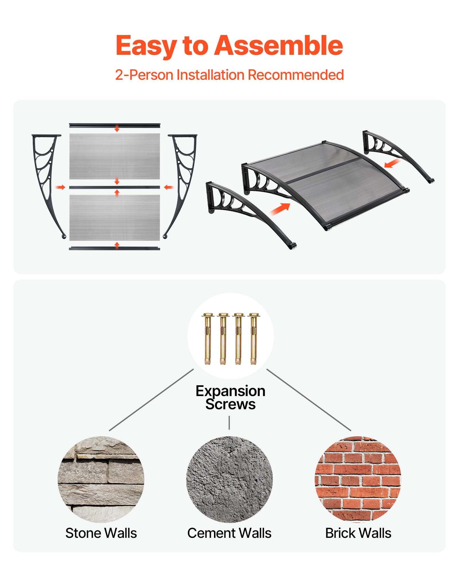 VEVOR Vordach für Haustür, 965x1017 mm, Pultbogenvordach, Überdachung mit Entwässerung & ABS-Halterung, Regen-, Schnee- & Sonnenschutz, Polycarbonat-Türdach für Veranda & Terrasse, Rauchgrau