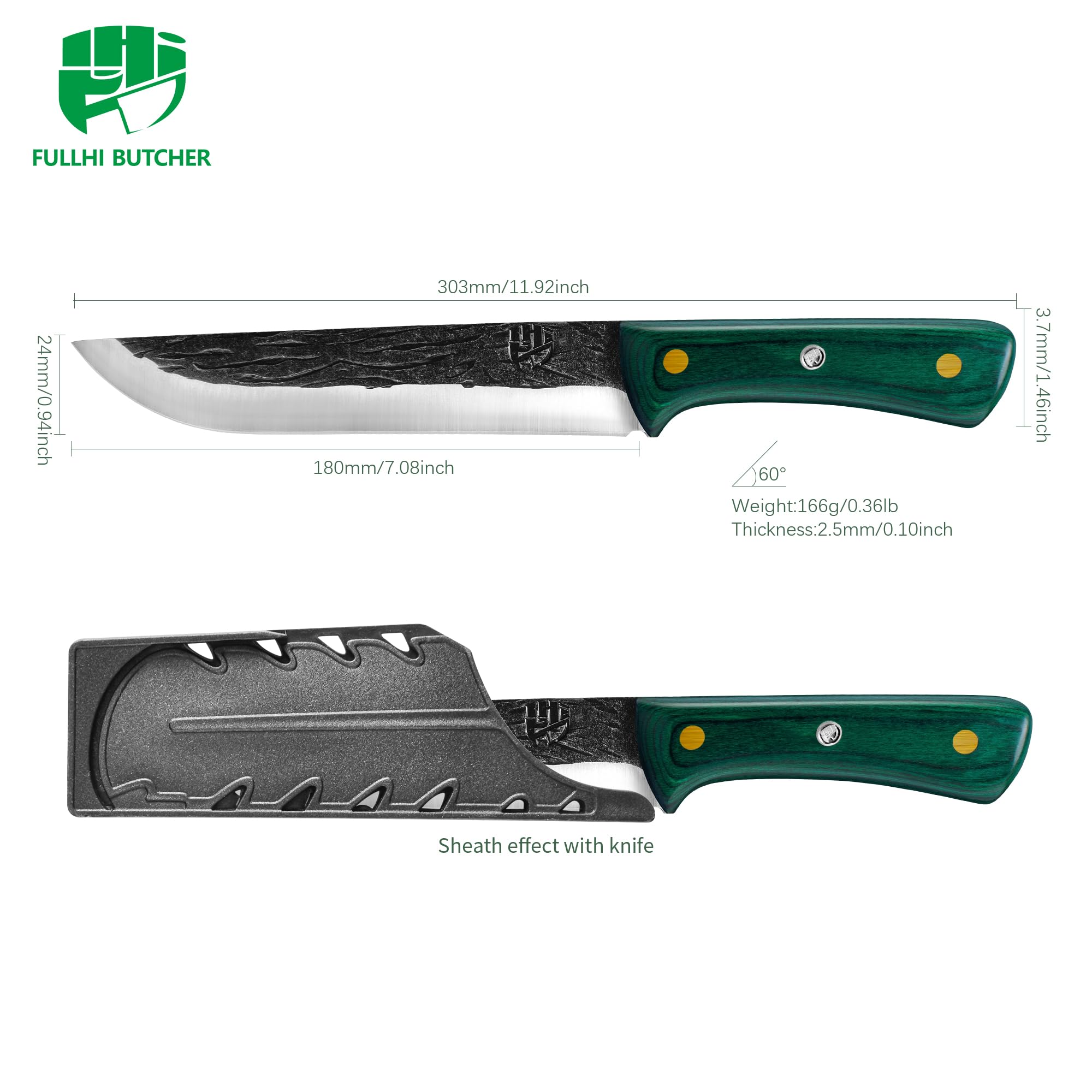 FULLHI 2pcs Manico in legno per disossare con fodero, coltello da pesca in acciaio ad alto tenore di carbonio per affettare e disossare, per cucinare in campeggio e per il barbecue. (Verde, 18cm)