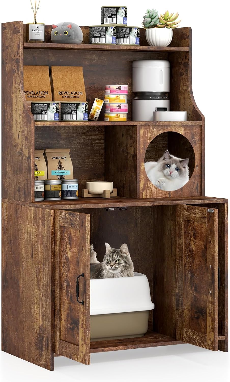 PETSITE Industrial Cat Litter Box Enclosure with Storage Shelves, 2-in-1 Wooden Hidden Litter Box Furniture with 3-Tier Open Shelf, 51-Inch Tall, Rustic Brown