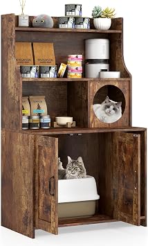 PETSITE Industrial Cat Litter Box Enclosure with Storage Shelves, 2-in-1 Wooden Hidden Litter Box Furniture with 3-Tier Open Shelf, 51-Inch Tall, Rustic Brown