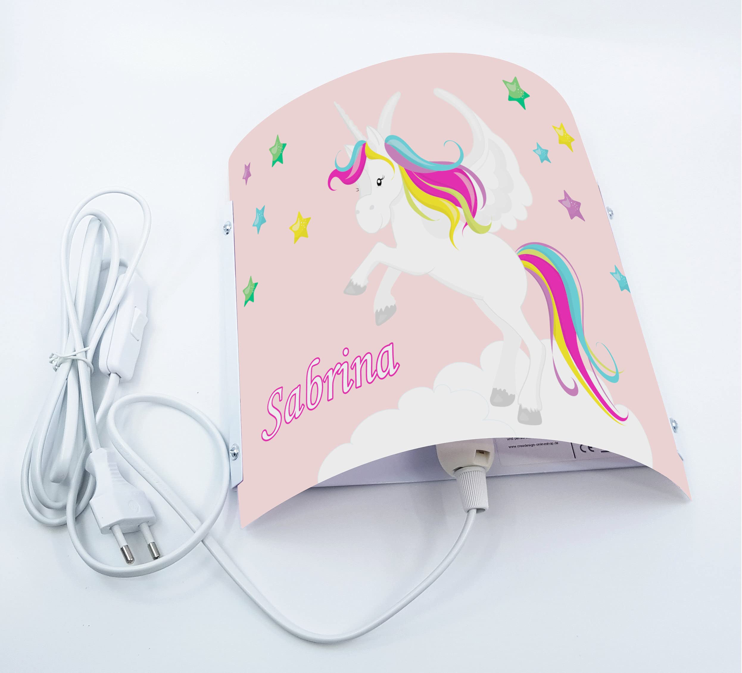 WA-1034-02, Einhorn rosa, Kinderzimmer Wandlampe personalisiert mit Namen, Nachtlicht/Schlummerlicht für Steckdose, E14, 22 x 22,5 x 8,5 cm