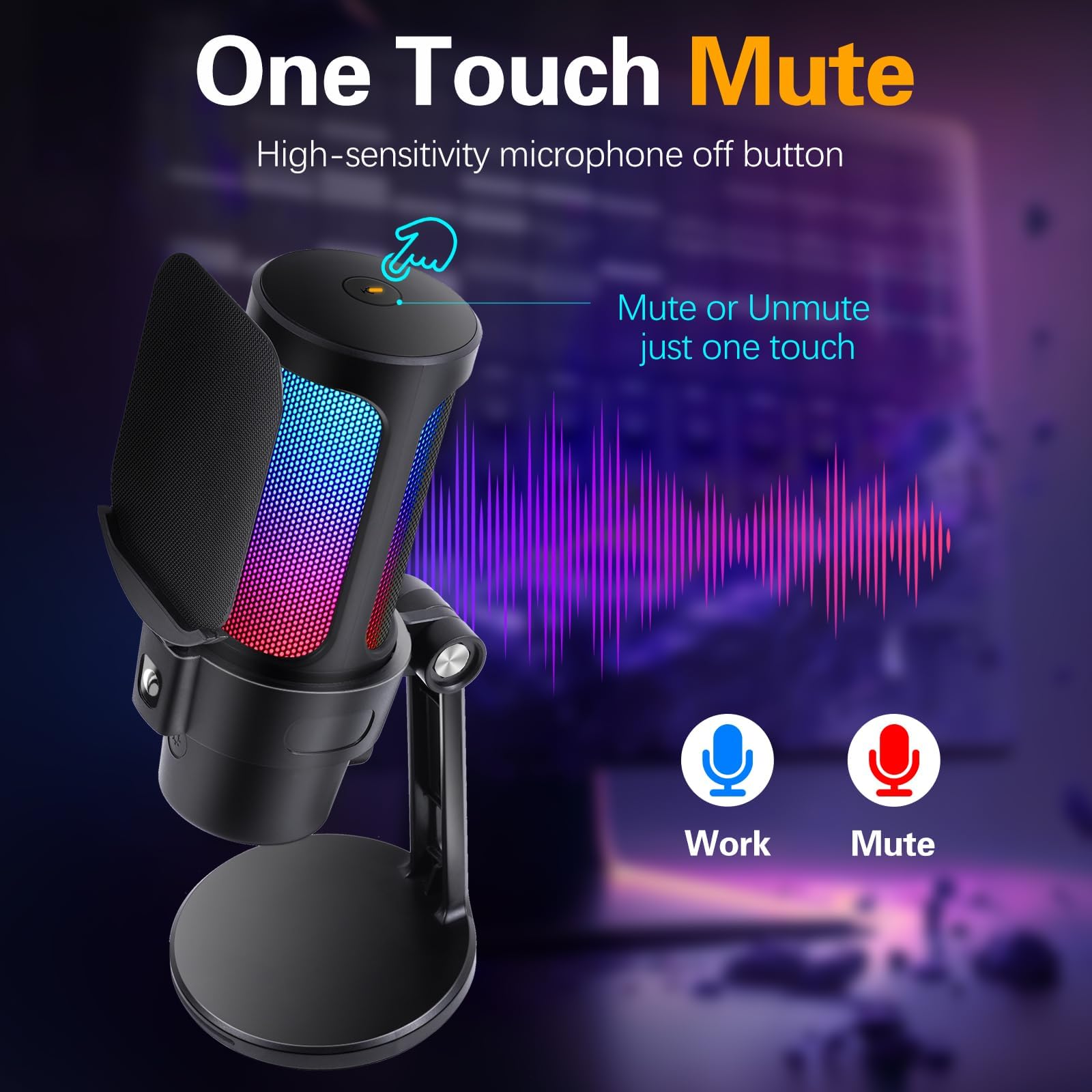 Micrófono USB para juegos para PC, micrófono dinámico de condensador VCOM con silencio rápido, indicador RGB, soporte de escritorio, filtro pop, soporte de choque, monitoreo para transmisión,