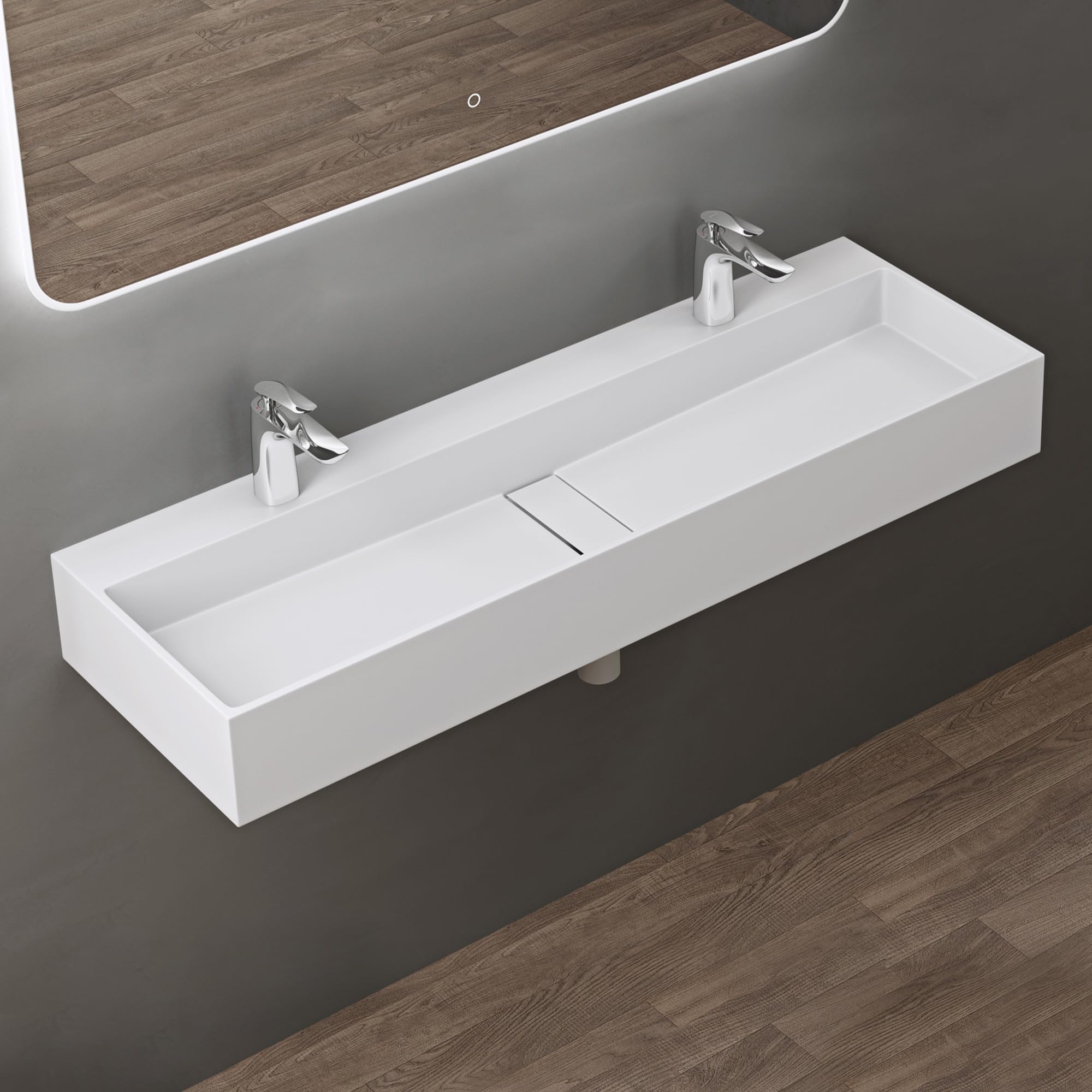 doporro Vasque à Poser Blanc Mat avec Bonde Lavabo de Salle de Bains Suspendu 120cm Lave Mains Rectangulaire avec Cache Bonde Colossum6028