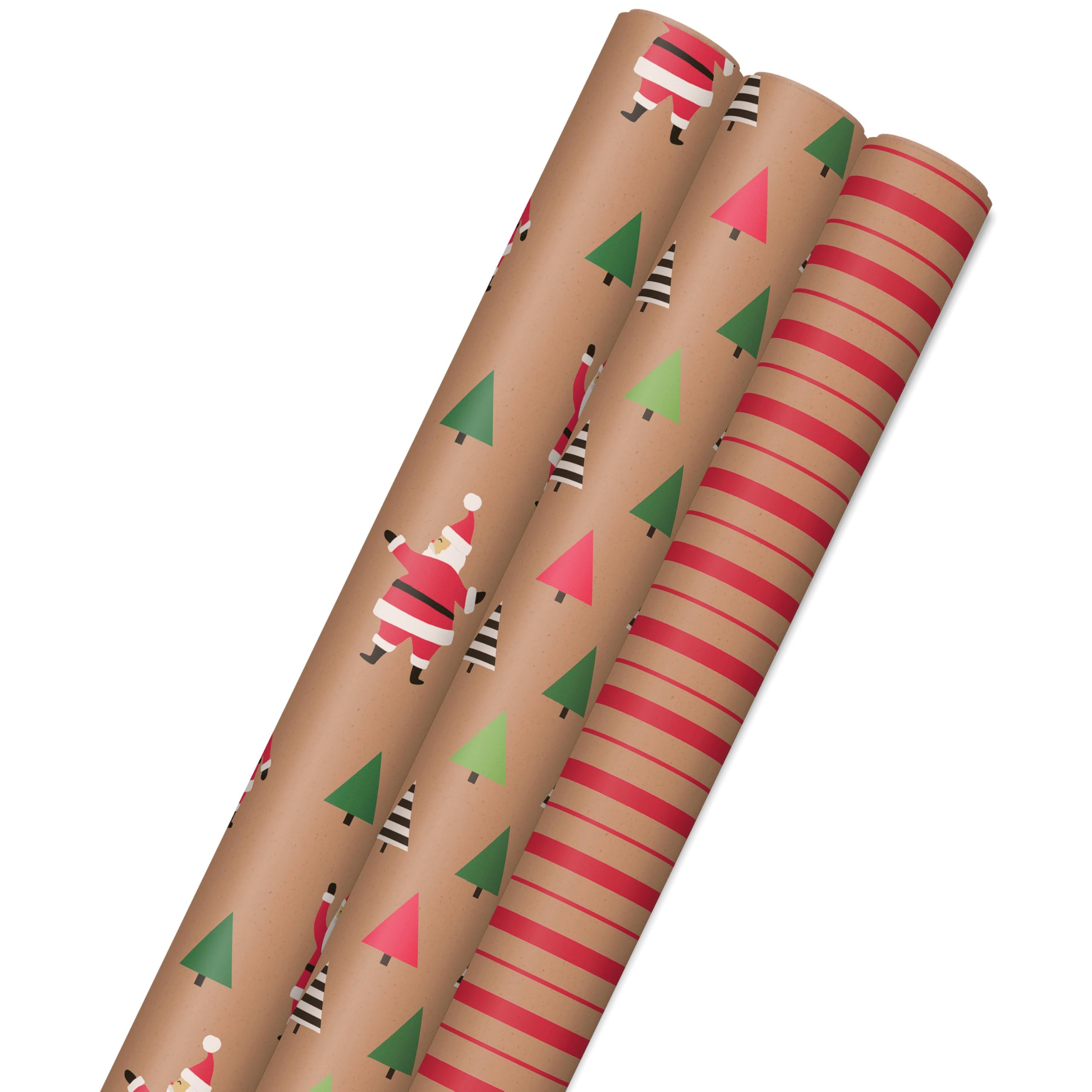 Hallmark Lot de 3 rouleaux de papier cadeau de Noël recyclable avec lignes de coupe au verso (90 m²) Marron avec Père Noël, arbres verts, rayures rouges