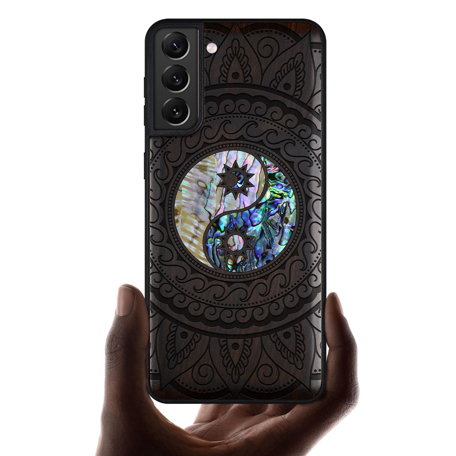 Carveit Designer Wooden Cover for Samsung Galaxy S22 Case [Wood Engraving & Shell Inlay] Compatible with Wireless Chargers Galaxy S22 (Yin Yang