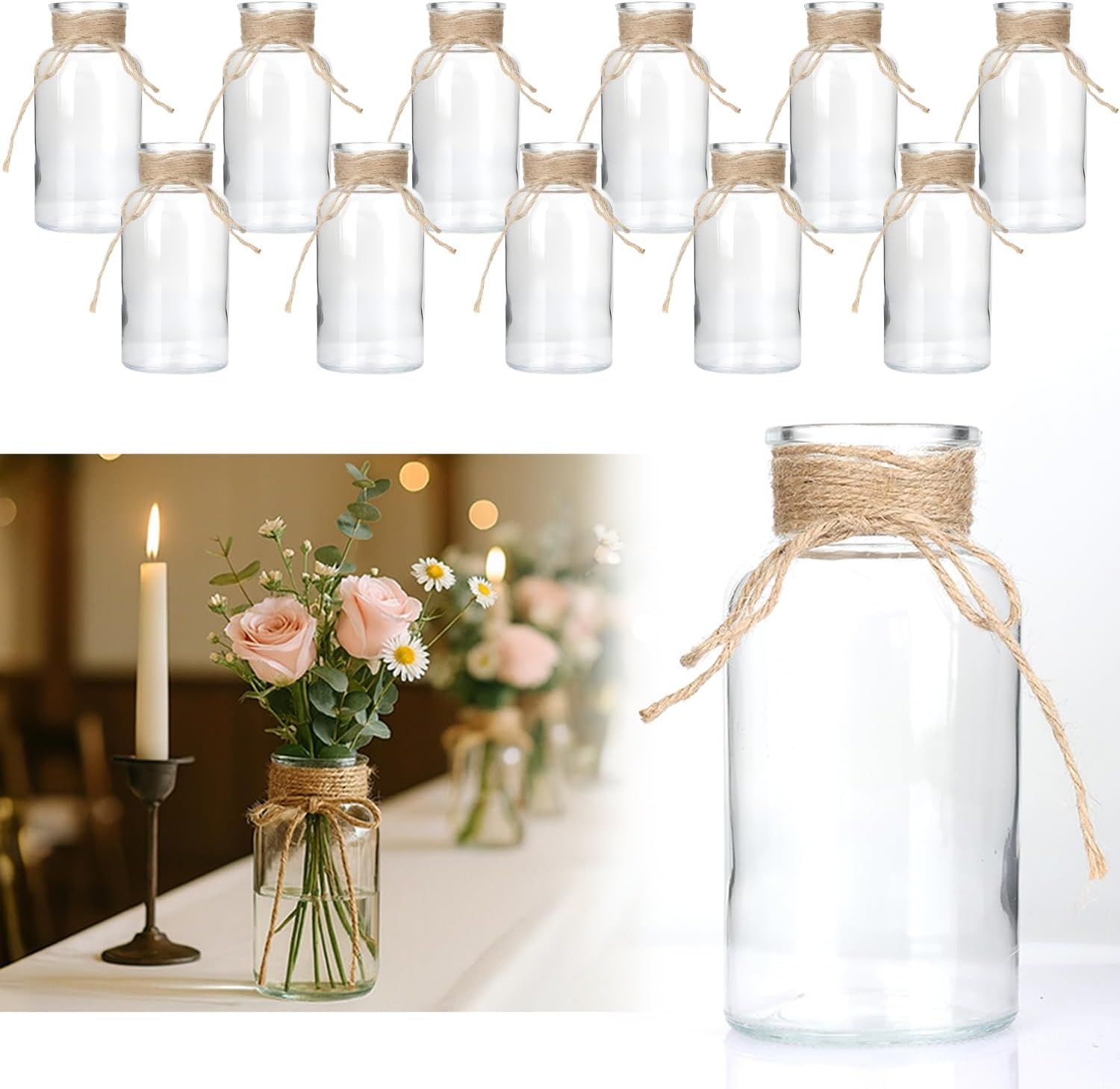 Vintage Glass Flower Vase,Vases for Farmhouse Wedding Centerpiece Cylinder Bottle,Mason Jars for Decor Floral Arrangements, Parties & Home Decor (12 PCS, Transparent)