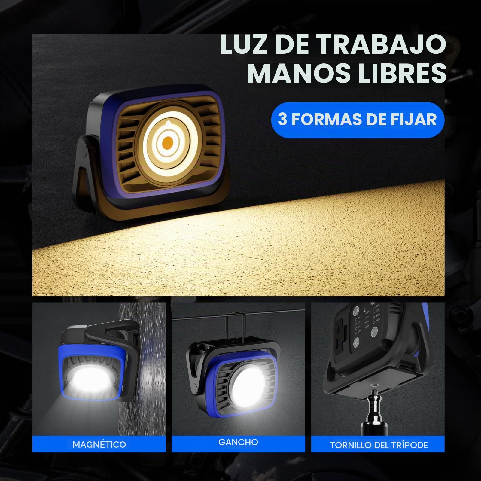 Foco de Trabajo LED Recargable, Luz de Trabajo Portátil Magnética LED COB 2000Lm, 4 Colores de Iluminación, Para Reparación de Automóviles Construcción Camping