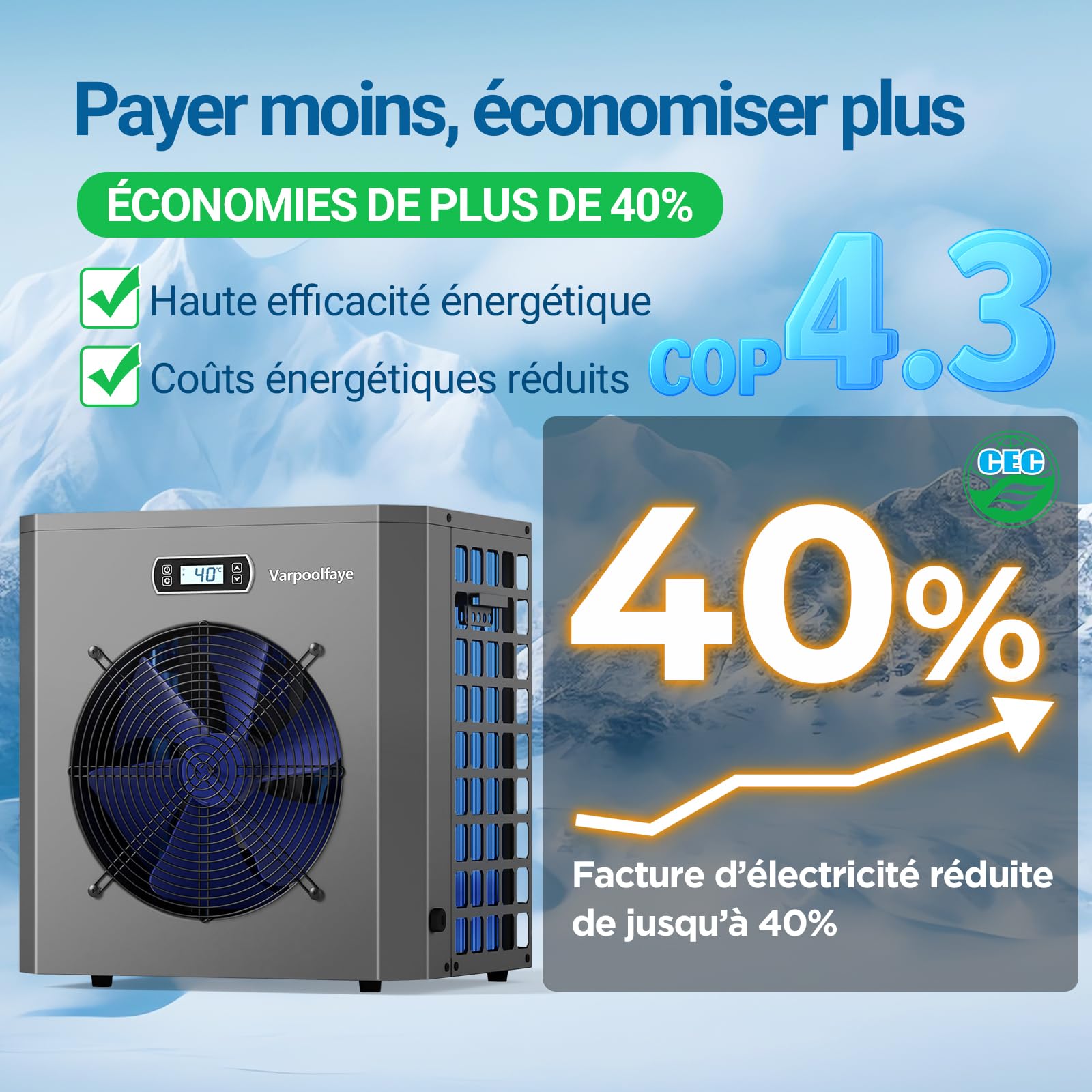 Pompe à chaleur électrique piscine 5 kW 20 m³ contrôle WiFi 220 V 240 V 50 Hz