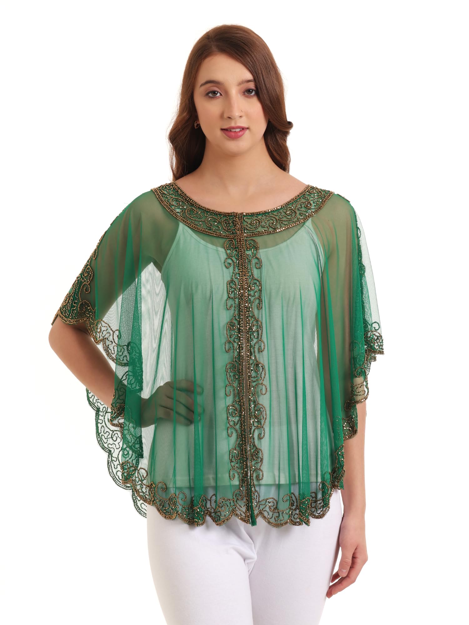 Women's Net Beaded Short Cape Poncho, Round Neck, Embroidered Design, Black-image-23