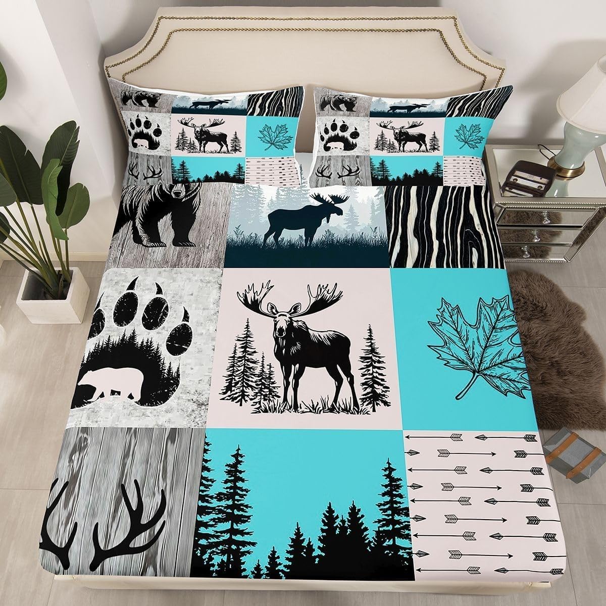 Elk Single Fitted Sheet Bear Bed Sheets Deep Pocket 12 inch (30 cm) Soft Cozy 3 Piece Microfibre Bed Sheet 90x190 cm with 2 Pillowcases 50x75 cm