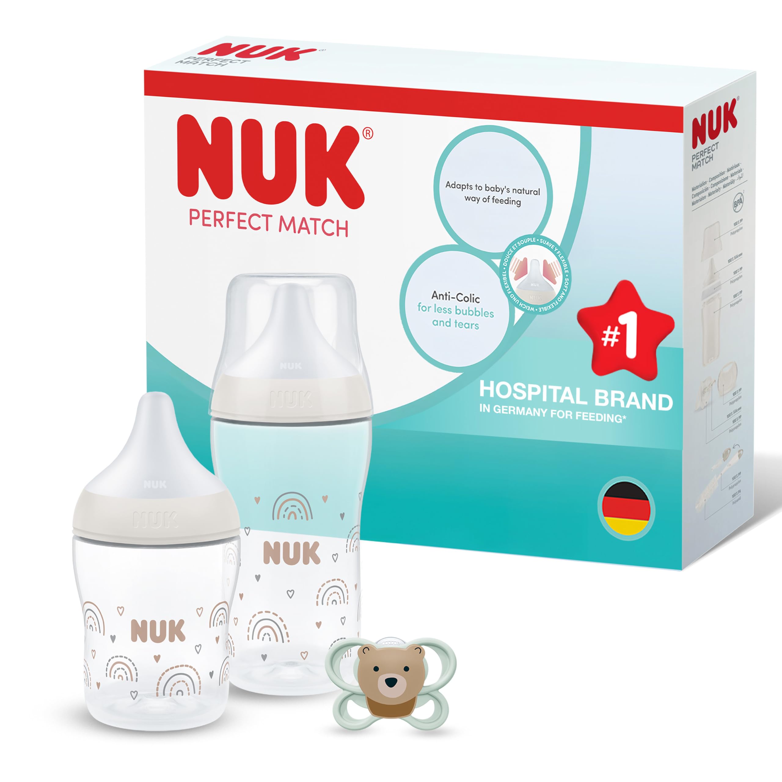 NUK Perfect Match Newborn Baby Bottles & Dummy Set for Newborns | 0-3 Months | 2 x Anti-Colic Feeding Bottles (150ml, 260ml), 1 x Perfect Match Air Soother | Rainbow | 3 Count