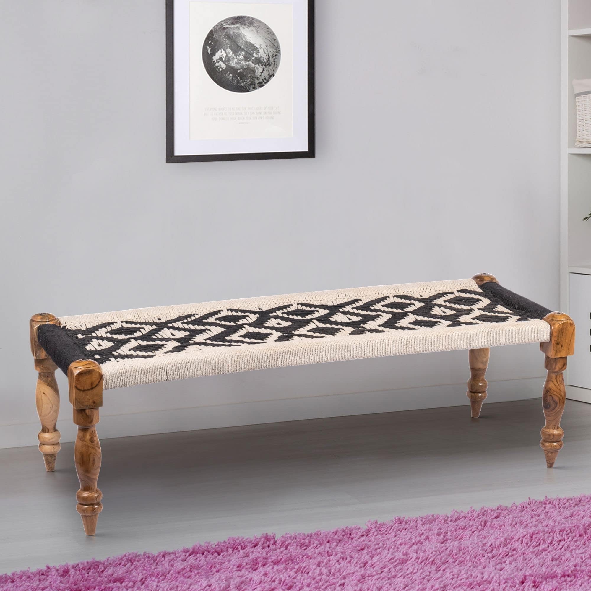Ikiriya Hamilton Sheesham Wood 2 Seater Maachi Bench | Patio Bench in Black & White Rope Canning (4 Feet Width; 1 Yr. Warranty)
