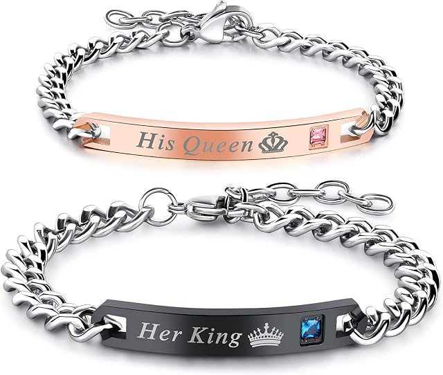 Gleamart 2PCS His Queen Her King Couple Bracelet Set Matching Love Crown Bangles Engraved Bracelets for Valentine's Day Anniversary