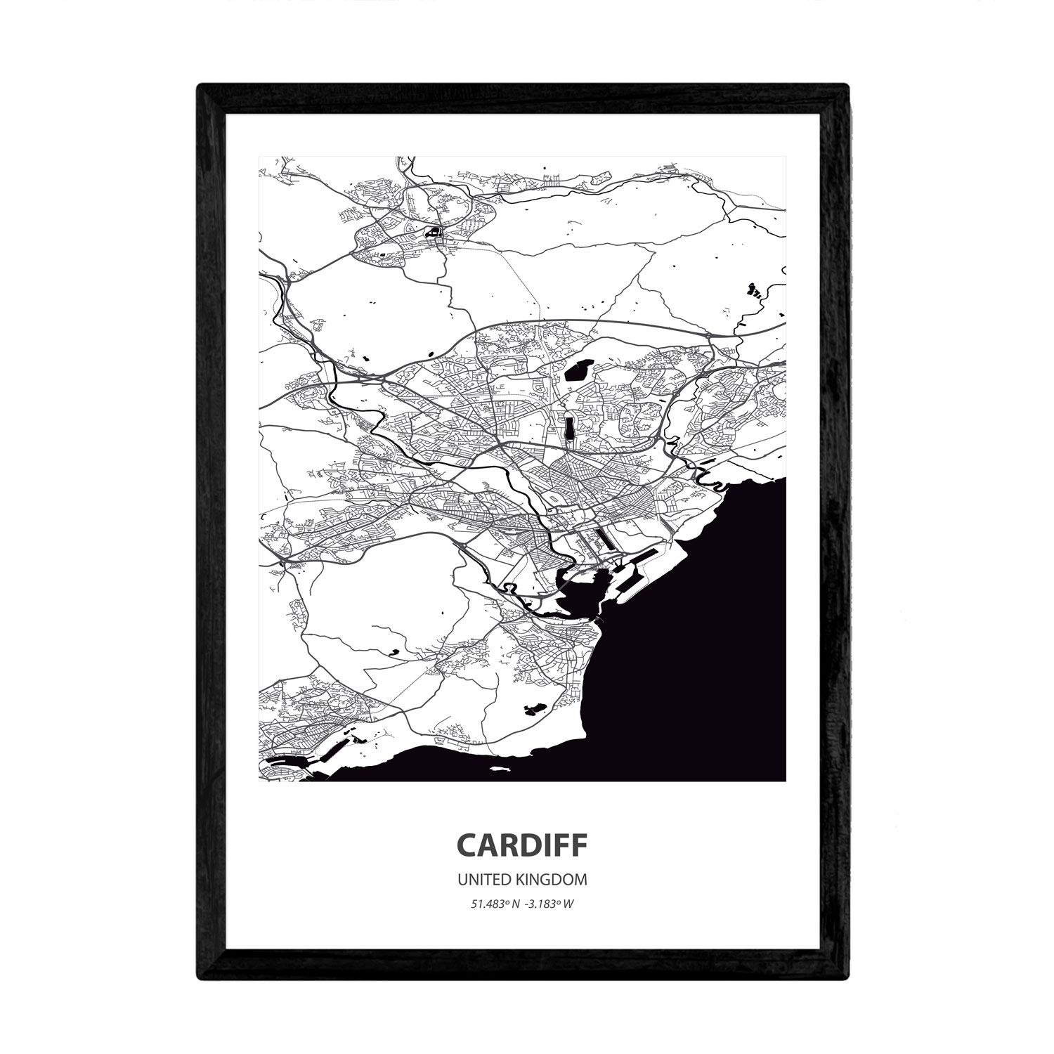 Nacnic Poster with map of Cardiff - United Kingdom. Sheets cities of UK seas and rivers in black color. A3 size