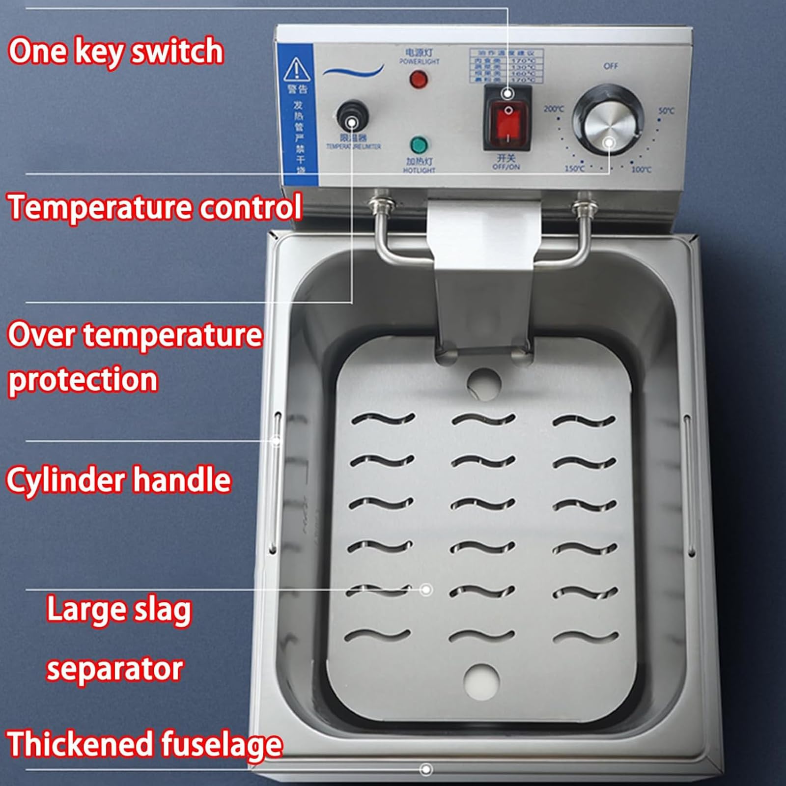Professional Freidora Eléctrica, Acero Inoxidable, 6 litros, Termostato Ajustable, Indicadores Luminosos, Asas Resistentes Al Calor, 2500 W, para Usos Comerciales