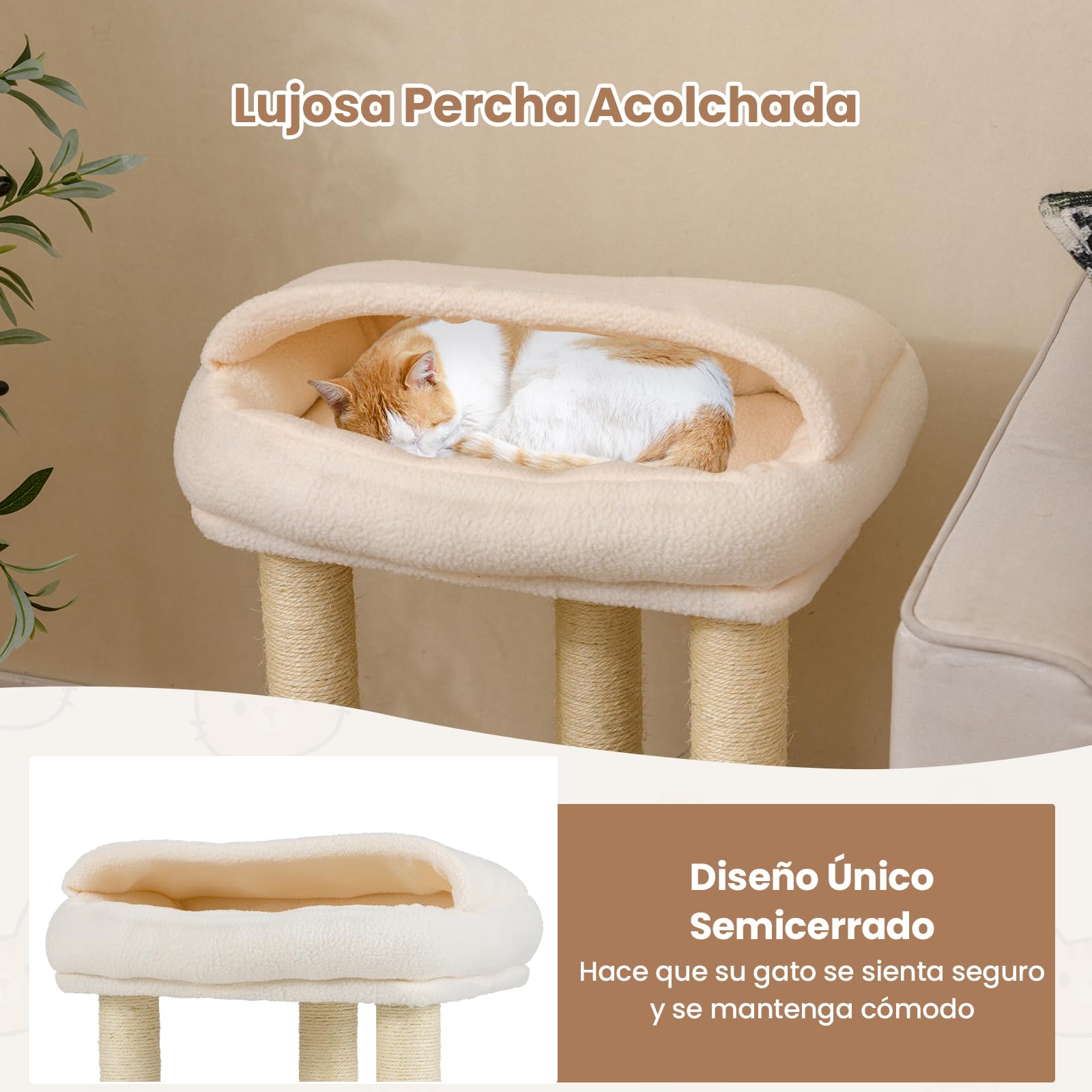 COSTWAY Árbol Rascador para Gatos, 61 cm Torre para Gato con Cómoda Cama y Manta de Peluche, 3 Postes Rascador de Sisal, Plataforma Acolchada, Árbol Gatos Pequeño, Ahorrar Espacio, Blanco