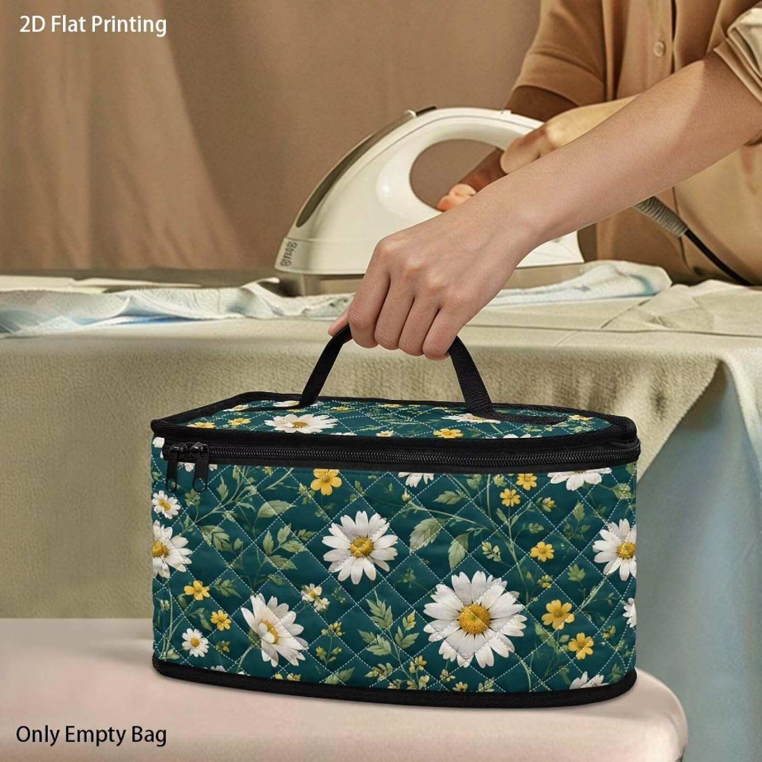 Daisy Print Quilted Iron Travel Case with Zipper and Handle, Lightweight Storage Organizer Bag for Steam Iron, Dustproof Holder for Home and Sewing, Case Only