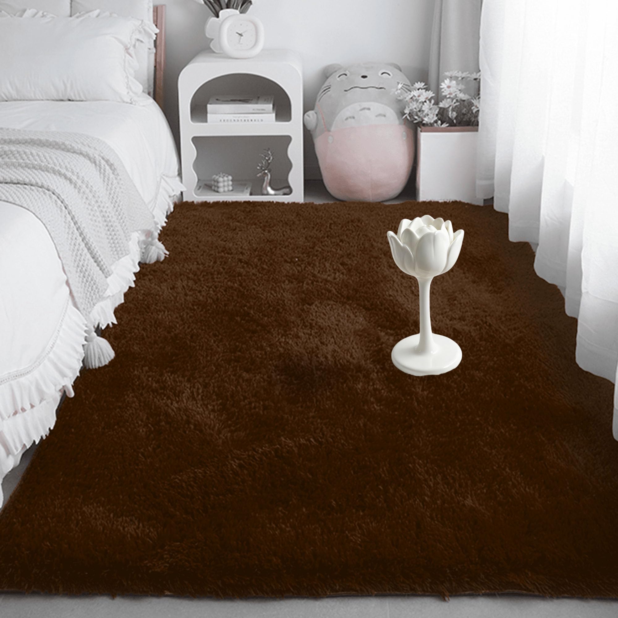 Tapis de salon lavable 280 x 330 cm grand tapis moelleux et extra doux marron pour chambre