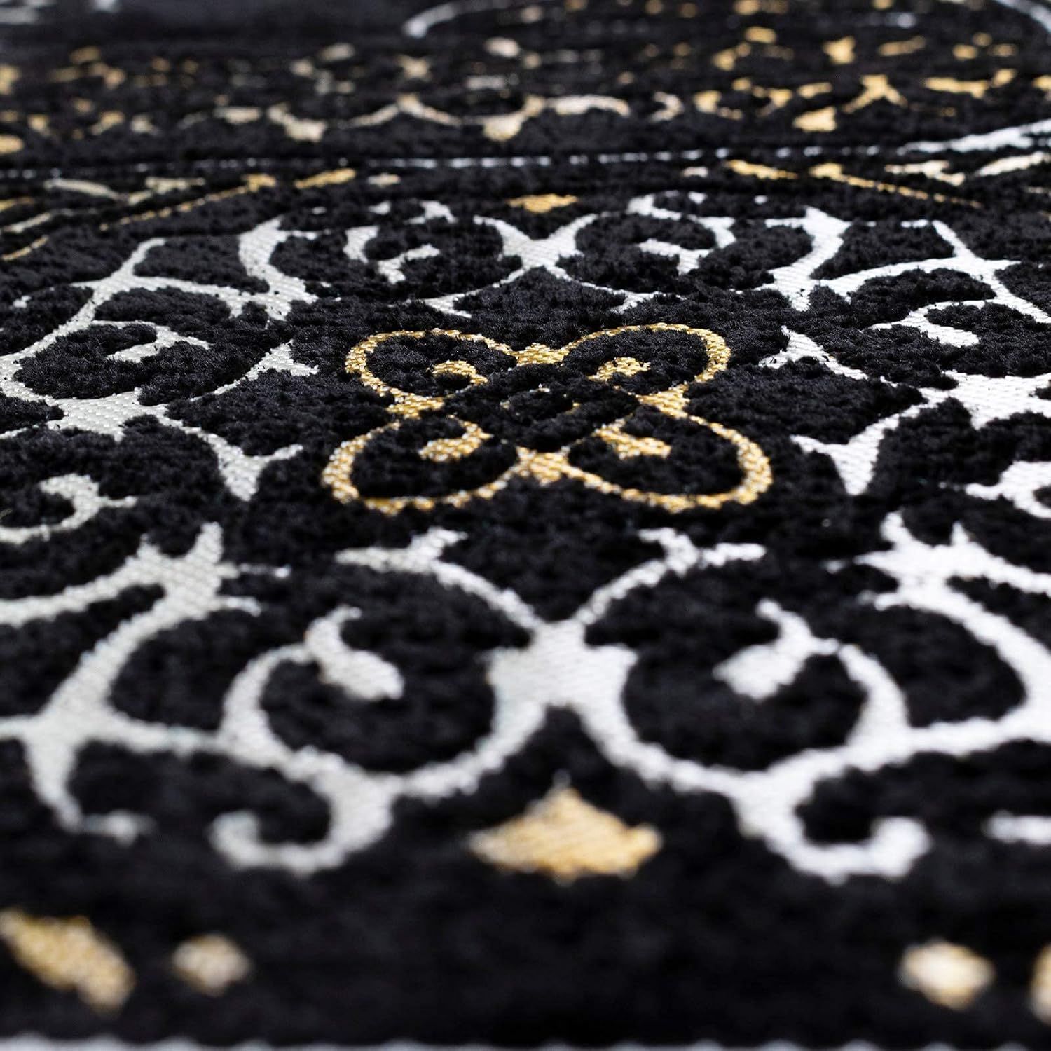 Modefa Turkish Islamic Prayer Mat Muslim Prayer Rug Islam Men Women Chenille with Praying Cap, Beads | Full Kaba Door Swirl Intricate Design (Black)