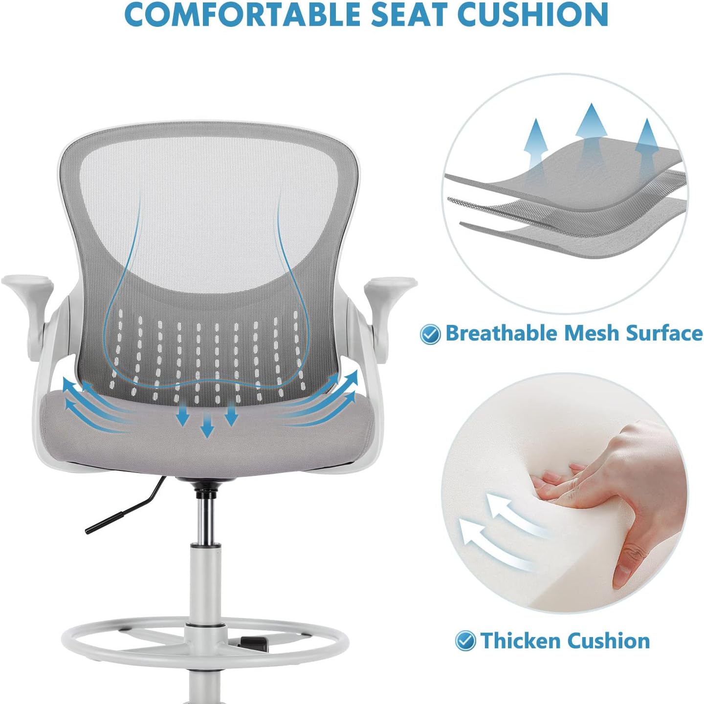 JHK Drafting Chair Tall Office Chair, Tall Desk Chair Standing Desk Chair Counter Height Mid Back Mesh Office Drafting Chairs with Flip-up Arms for Home Office : Office Products