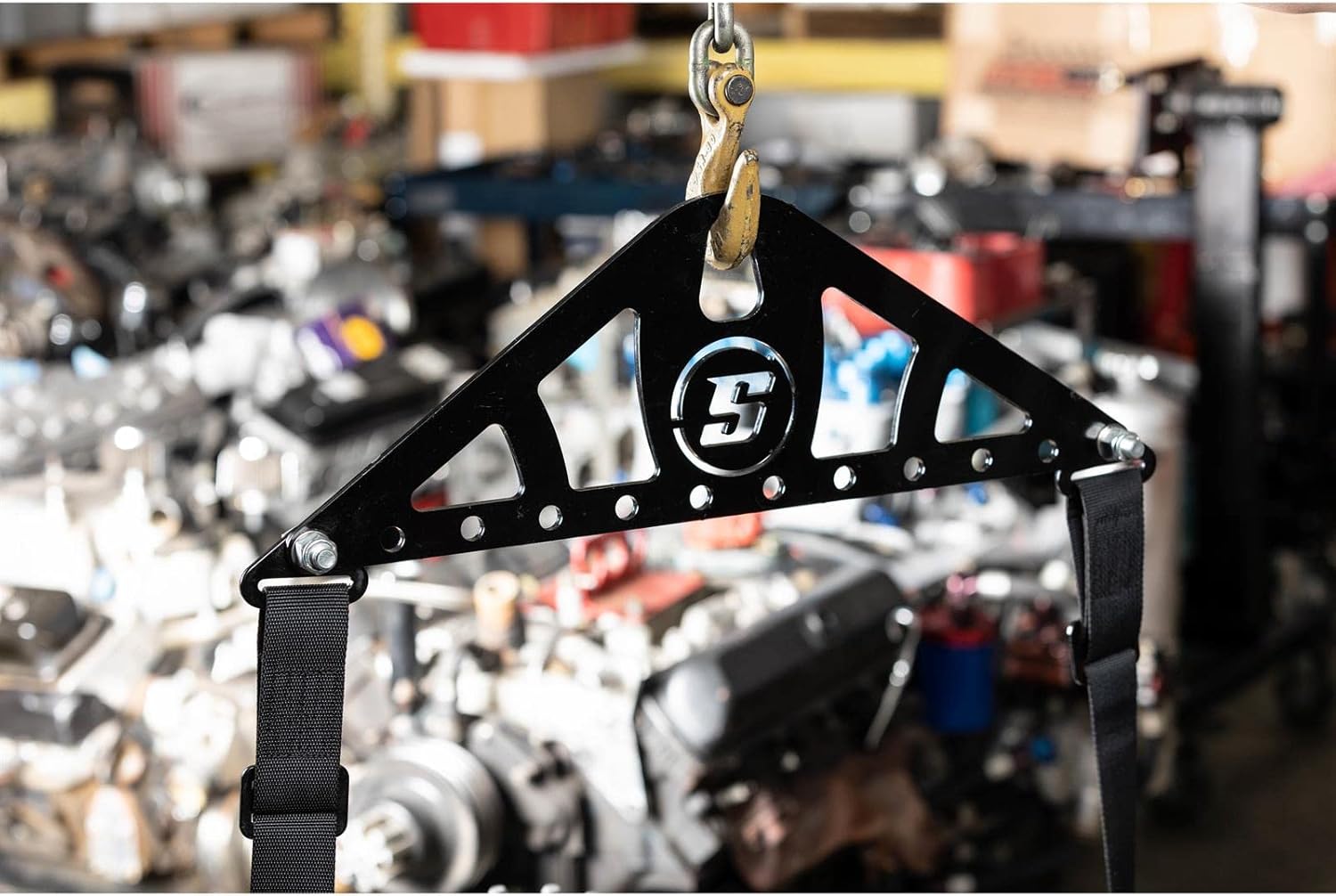 Speedway Motors Universal 4 Point Engine Lift Sling Kit - Steel Construction, 1200 lb Capacity, Adjustable Nylon Straps, Easy Installation, Black Powdercoated