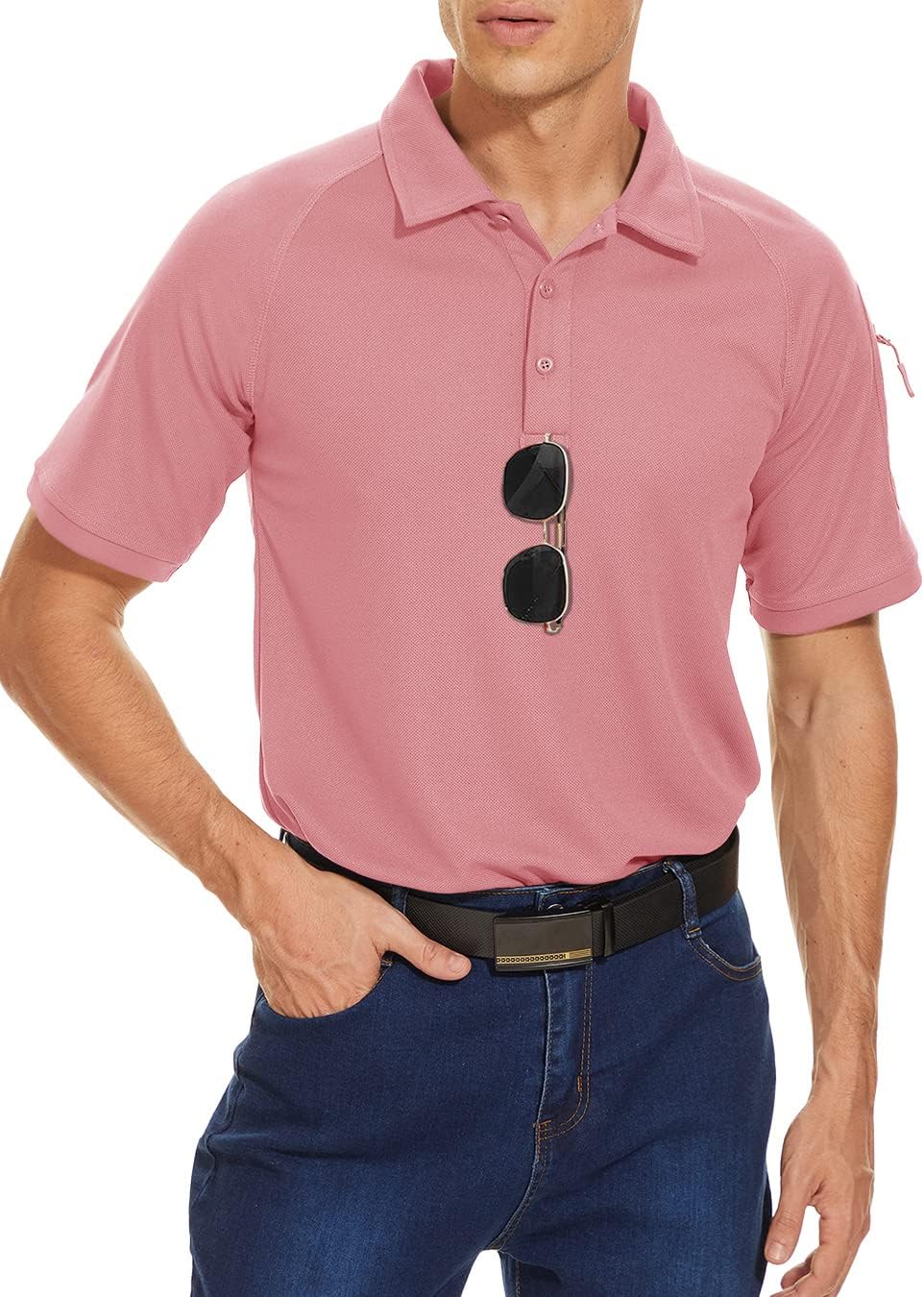 TACVASEN Men's Casual Polo Shirts Short Sleeve Quick Dry 3 Buttons Summer Tennis Polo Outdoor Shirts with Pocket XX-Large Grey Pink