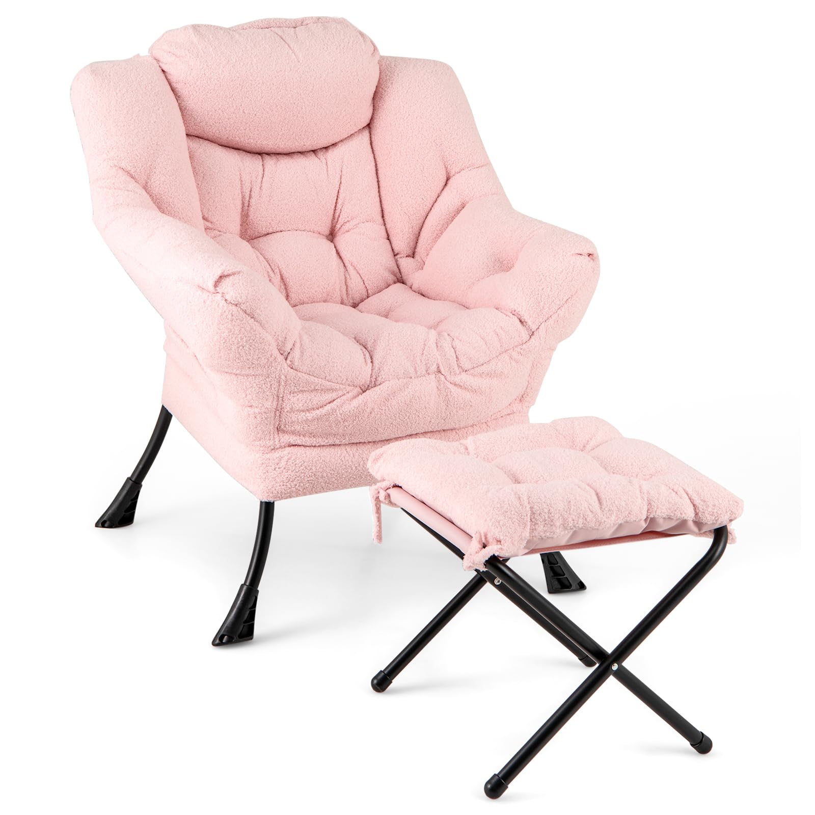 GIANTEX Sillón de Lectura con Reposapiés, Silla Sofá Moderna de Vellón de Imitación con Taburete Plegable, Cojín Suave y Bolsillo Lateral, Sillón de Ocio para Salón, Oficina, Dormitorio (Rosa)