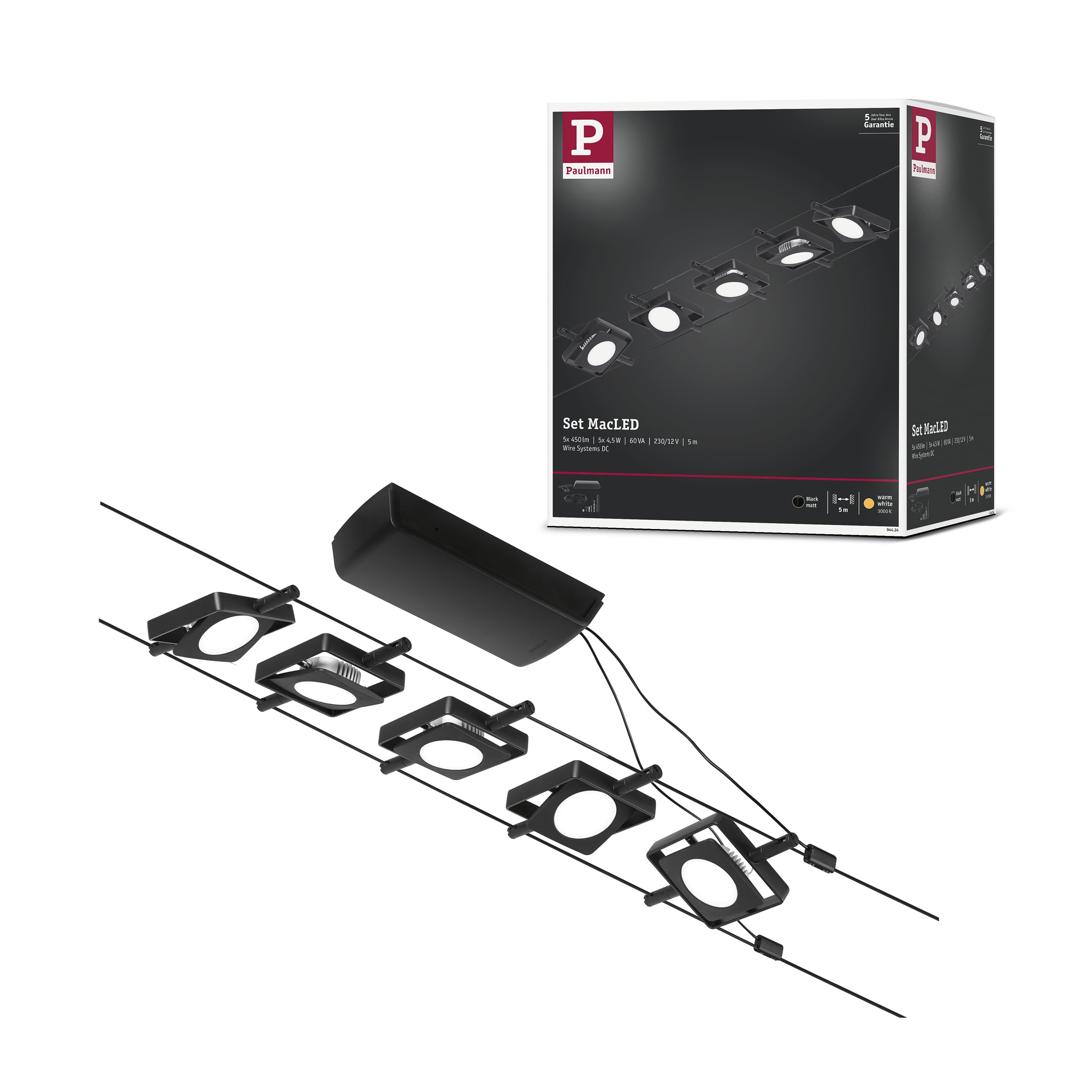 Paulmann 94424 Corduo Système de câbles LED Kit MacLED DC avec 5 x 4,5 watts extensibles Noir mat, chrome Câble métallique 3000 K
