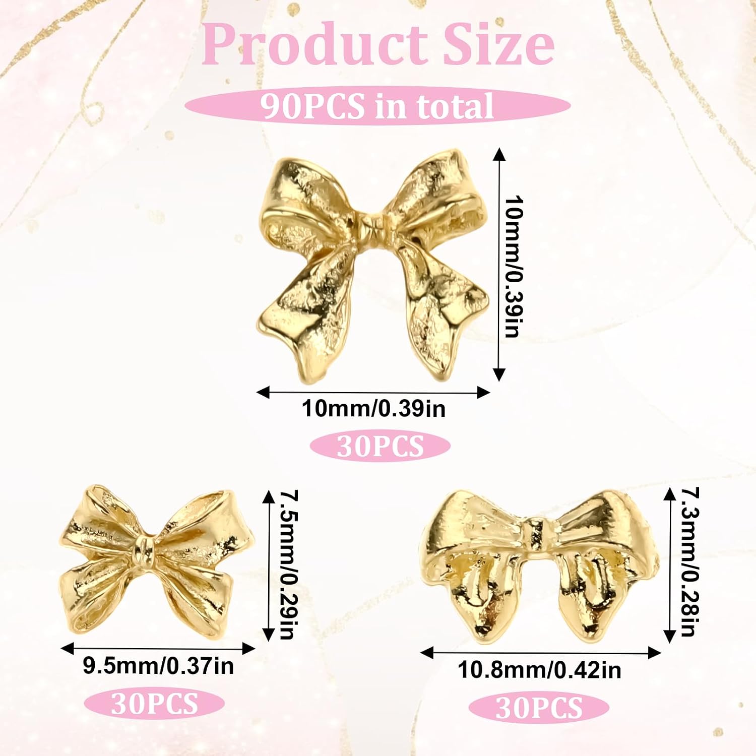 90 Pcs Gold Bow Nail Charms, 3D Alloy Metal Bowknot Nail Art Rhinestones Cute Mini Bowknot Charms Glitter Decorations for Women Girls Wedding Prom and DIY Crafts Scrapbook Cards Making