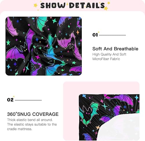 Miniatura 4 de Sábanas de cuna de murciélagos de Halloween, suaves, transpirables, ajustables, para cuna, para niñas y niños, 52 x 28 x 9 pulgadas