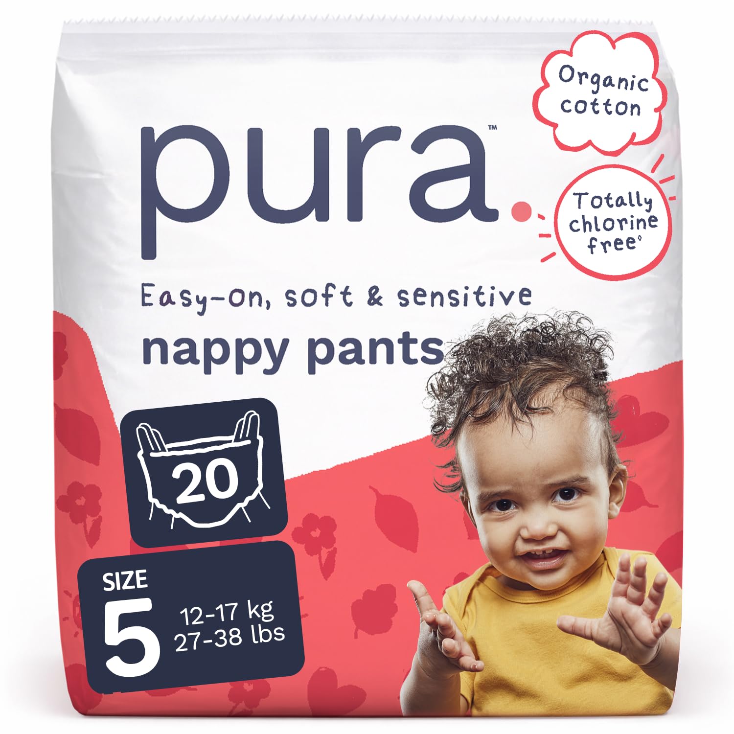 Pura Nappy Pants Size 5, 20 Count, 12-17kg, 360° Stretch Fit, Potty Training Pants for Hypoallergenic & Sensitive Skin, Up to 12 Hours Overnight Leak Protection, Totally Chlorine Free