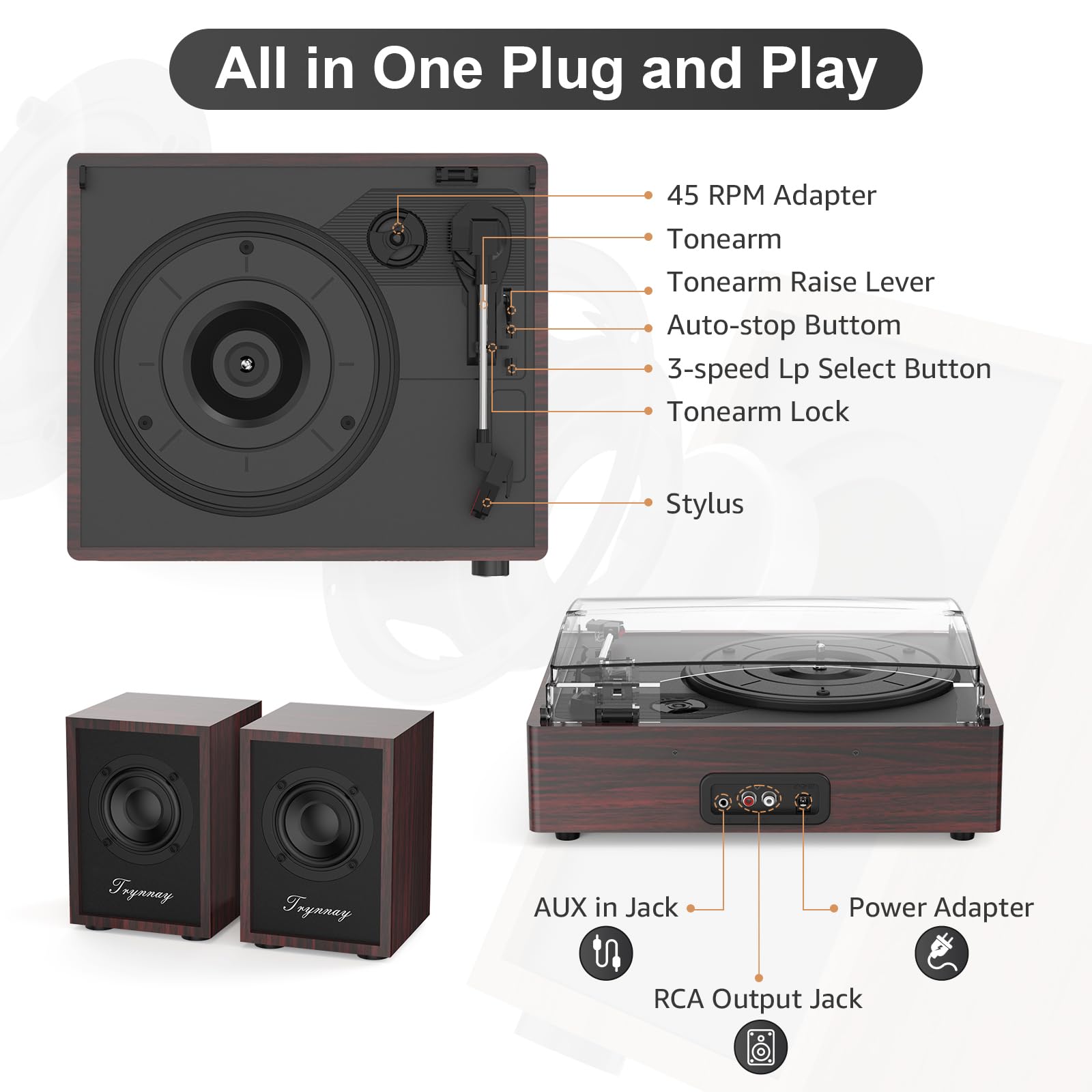 Trynnay Gramofon z pasywnymi głośnikami regałowymi, gramofon Bluetooth do płyt gramofonowych, 3 prędkości, bezprzewodowe wejście AUX, gniazdo słuchawkowe i funkcja automatycznego zatrzymania
