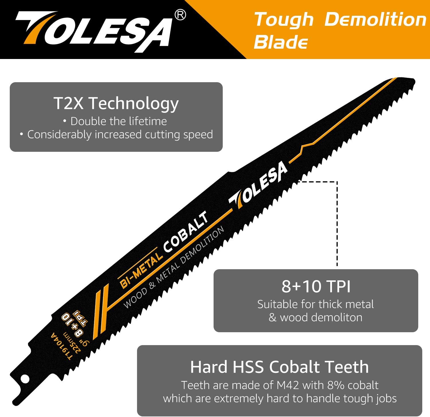 TOLESA Metal Wood Demolition Reciprocating Saw Accessories 225mm 8+10TPI for Steel Pipe Cutting Drywall, Chipboard - Image 3