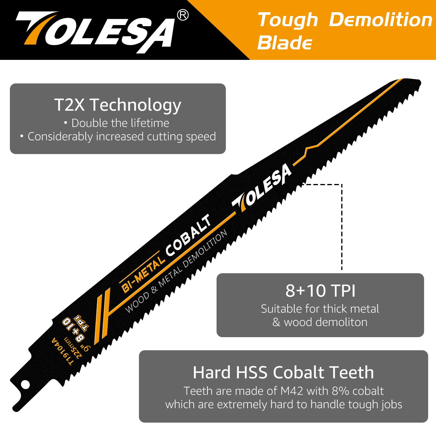 TOLESA 15in. Japanese Teeth Reciprocating Saw Blade 9 Inch 8+10TPI Metal Wood Demolition Reciprocating Saw Blades