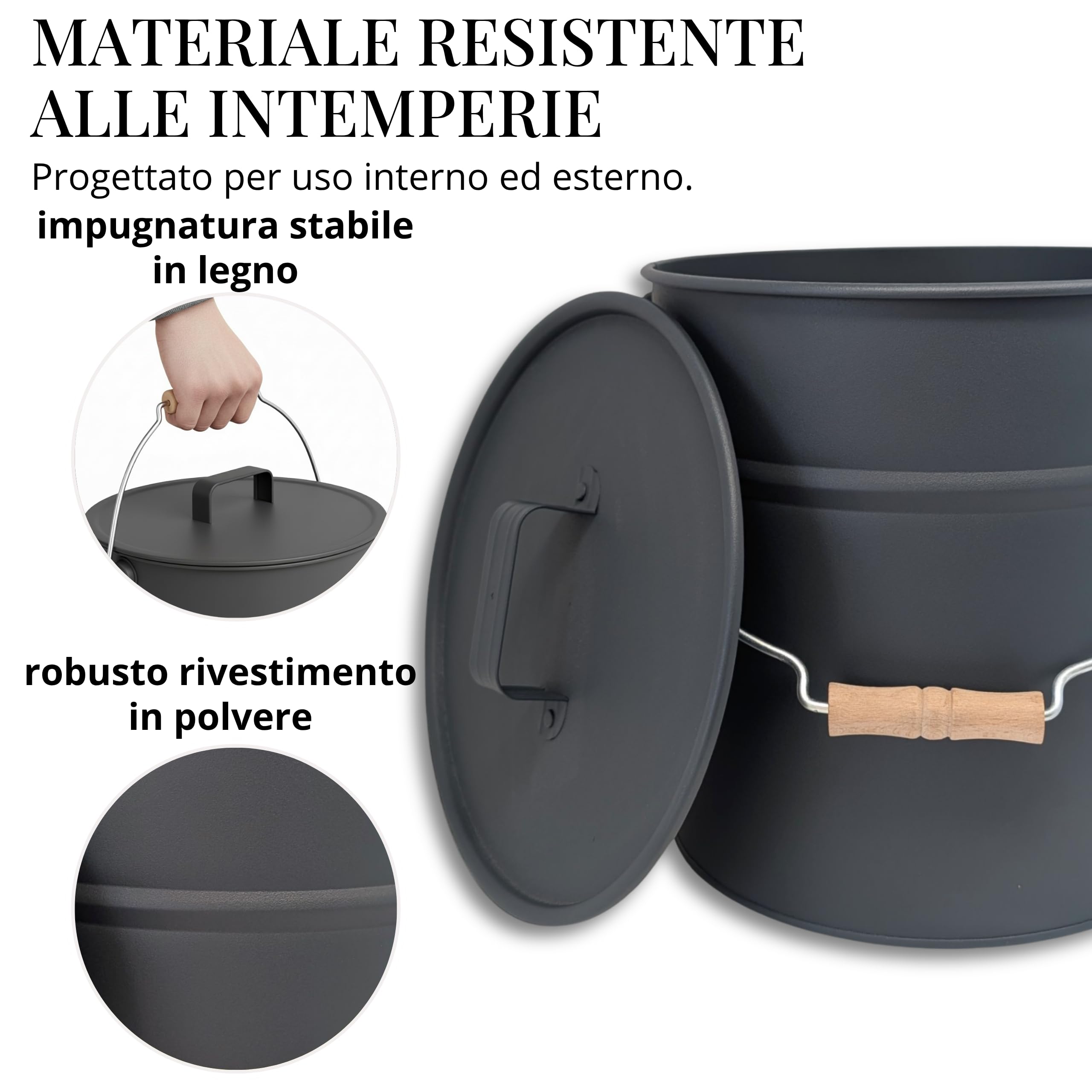 Livlig53 LIVLIG - Secchio in metallo con coperchio, secchio da giardino zincato e secchio per cenere in metallo robusto, elegante secchio con coperchio e manico in legno, qualità premium dall'Europa