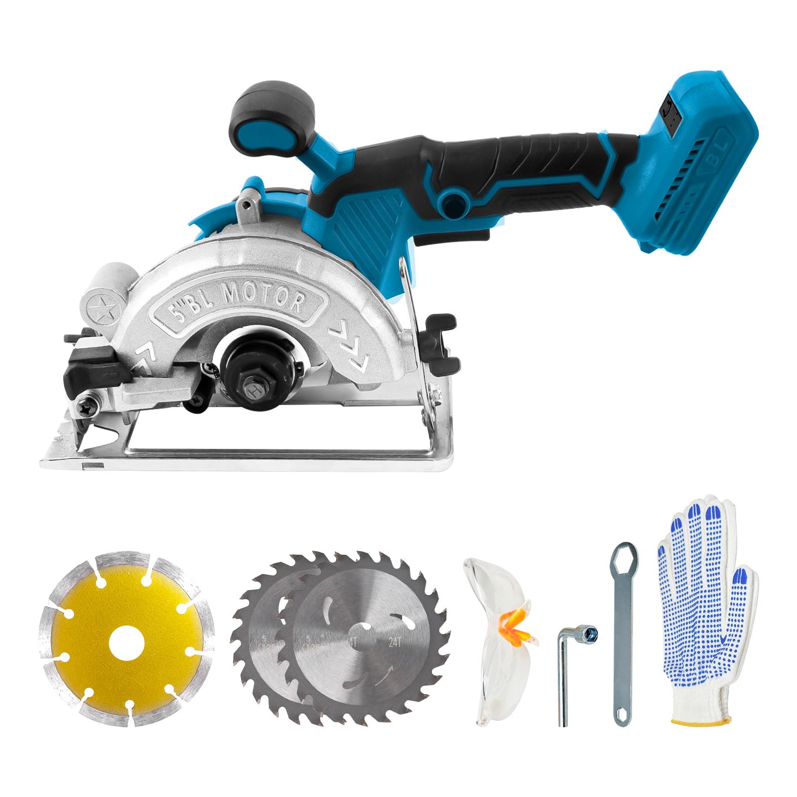 Sierra circular inalámbrica para sierras circulares eléctricas sin escobillas de 18 V 20 V, 1000 W y 6200 RPM con 3 hojas de sierra de 125 mm, bisel de 0 a 45°, profundidad de 32 mm
