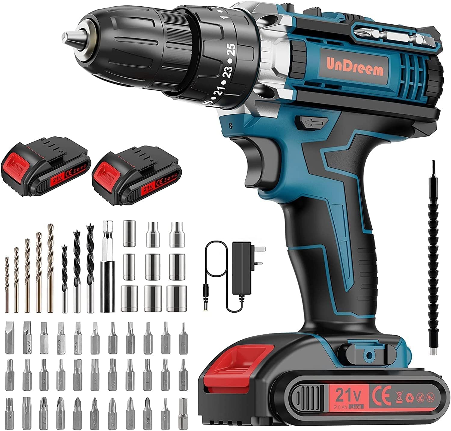 Kialloy Cordless Drills, Electric Drill 21V Max Power Drill Impact Driver, Combi Drill Kit with 2 * 2000mAh Li-Ion Battery, 45 Nm Electric Screwdriver, 25+3 Torque, 57 Pieces Accessory