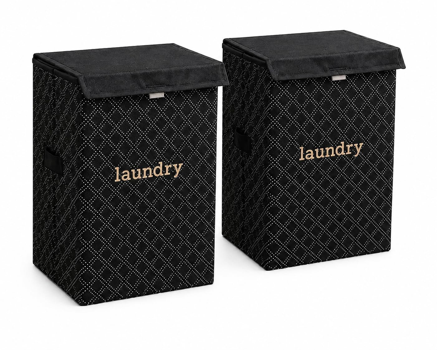 QUAIL 75L Foldable Laundry Basket with Lid for Clothes | Laundry Storage Bin with Handles | Waterproof, Collapsible Laundry Hamper for Bedroom, Bathroom & Home Use (Set of 2, Black Pattern Design)
