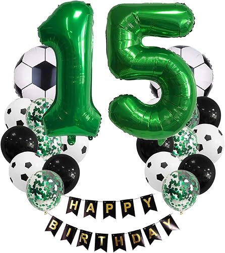 Decoraciones de fiesta de cumpleaños de fútbol para niños y niñas, decoración de cumpleaños infantil de 15 años, guirnalda de globos con el número