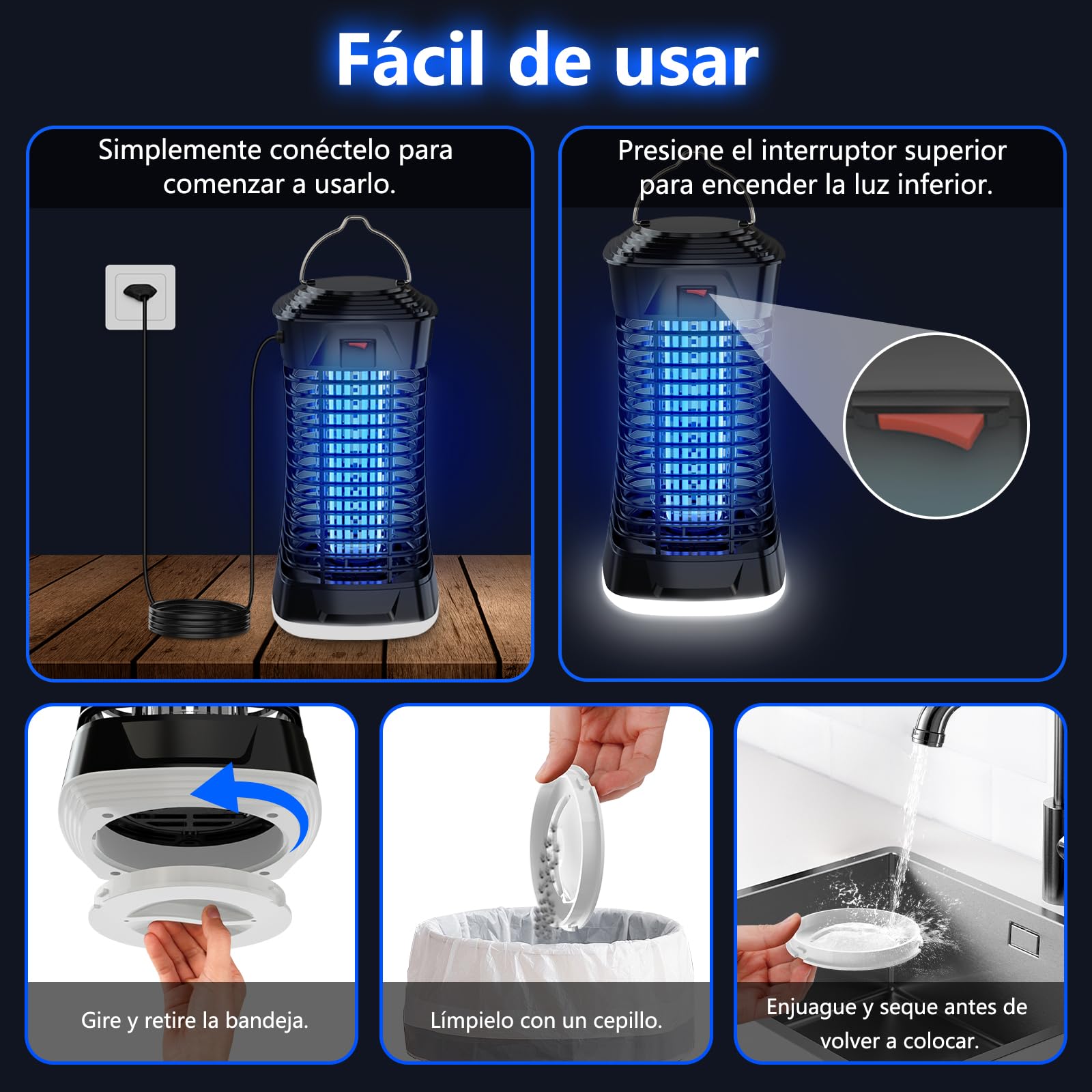 Loowoko Lampara Antimosquitos Exterior, Matamoscas Electrico Interior, 4200V Mata Mosquitos Electrico Exterior, Cable de 3m, Con luz en la parte inferior para camping, patio,dormitorio y sala de estar