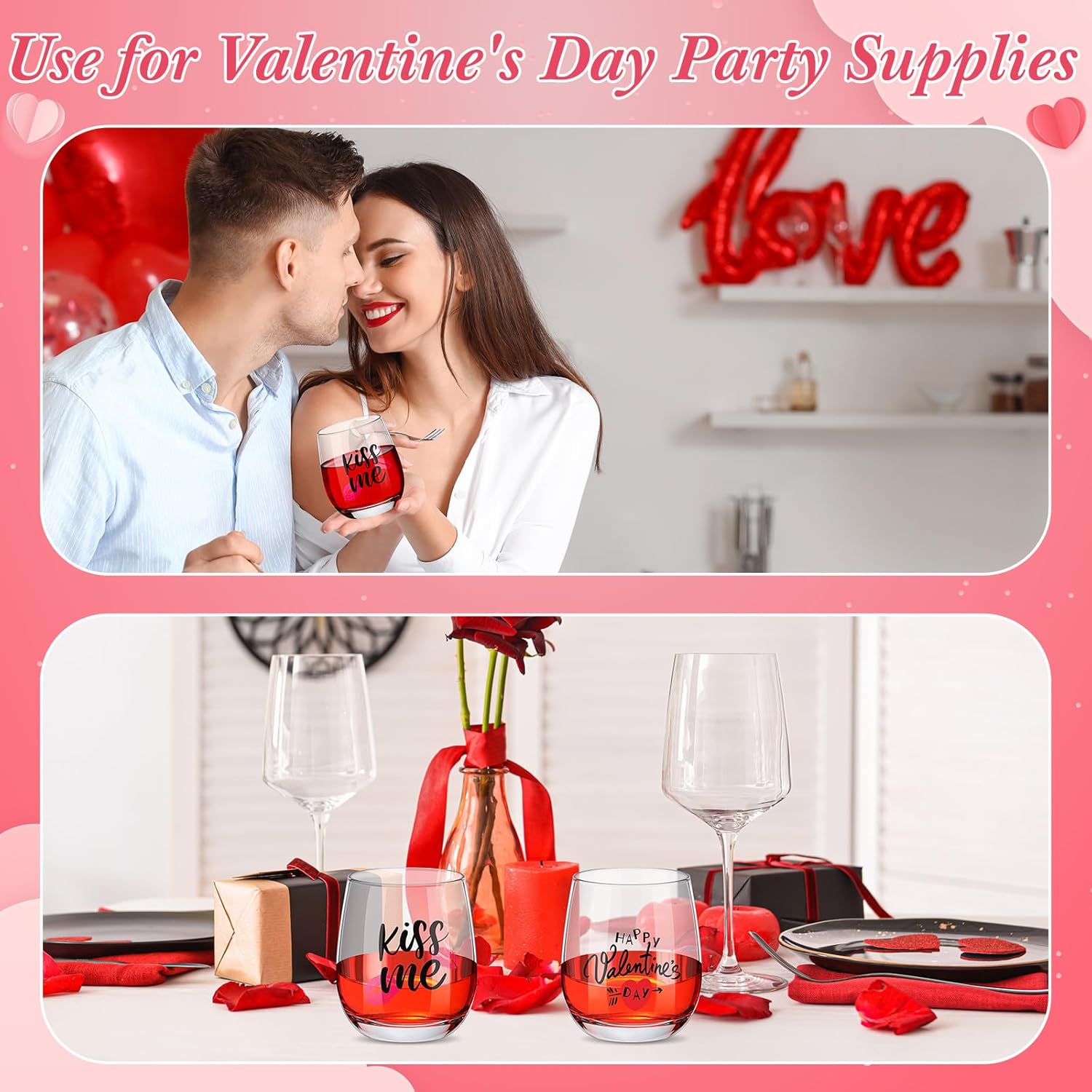 Zhehao 12 Pcs Valentine's Day Wine Glass 12oz Red Heart Lip Wine Glass Valentines Stemless Glass Party Glass Valentine's Day Drinking Glass Cups Valentines Party Gift for Party Event