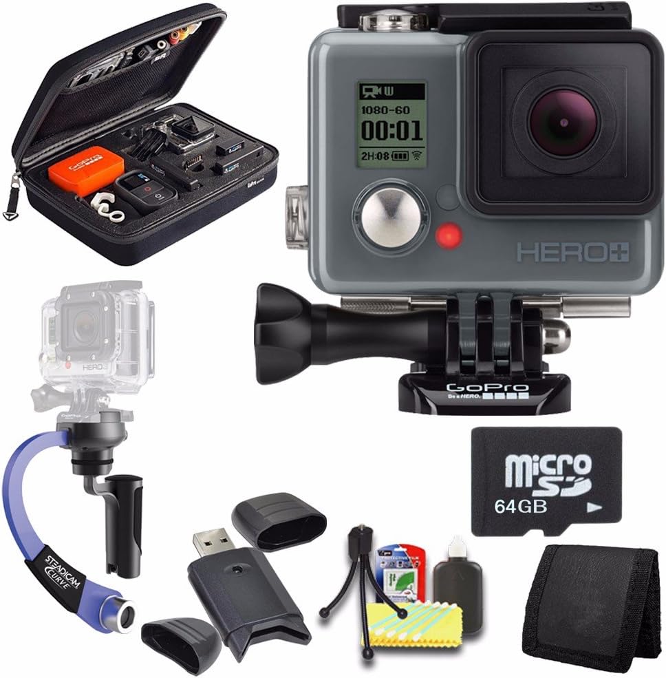 GoPro HERO+ LCD + Steadicam Curve for GoPro HERO Action Cameras (Blue) + 64GB Memory Card + Case for GoPro HERO4 and GoPro Accessories + 6pc Starter Kit Bundle
