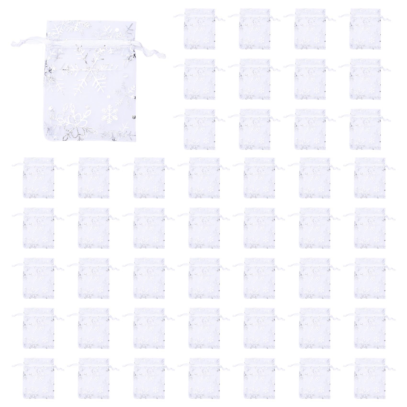 Hndhbfgrt 500 PCS Organza Wedding Gift Bags Drawstring Jewelry Pouch Bags Silver White Snowflakes Printed Sheer Party Favor Bags