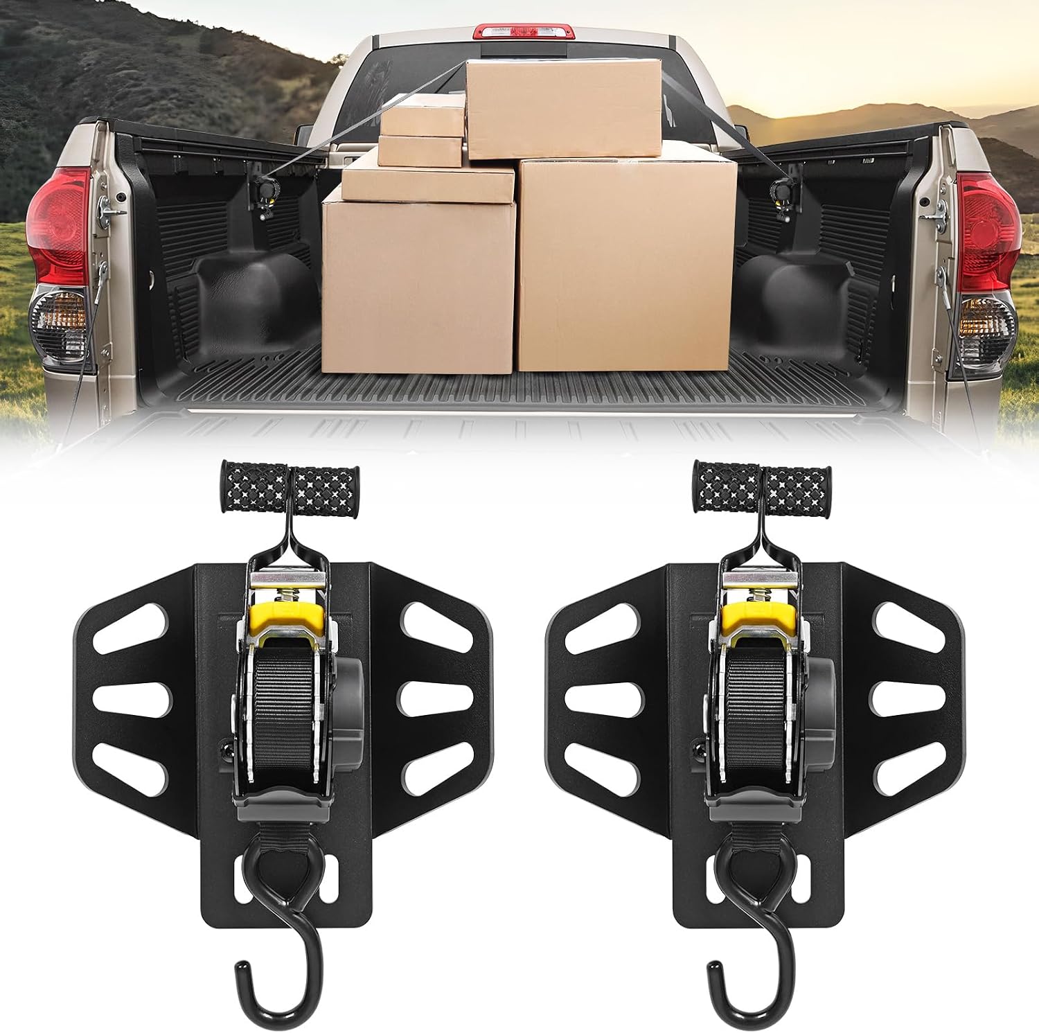 Retractable Ratchet Straps Compatible with for Toyota Tundra 2007-2013,Lockable Truck Bed Self Retractable Tie Down Straps with Installation Backet,Truck Bed Mounting Holder