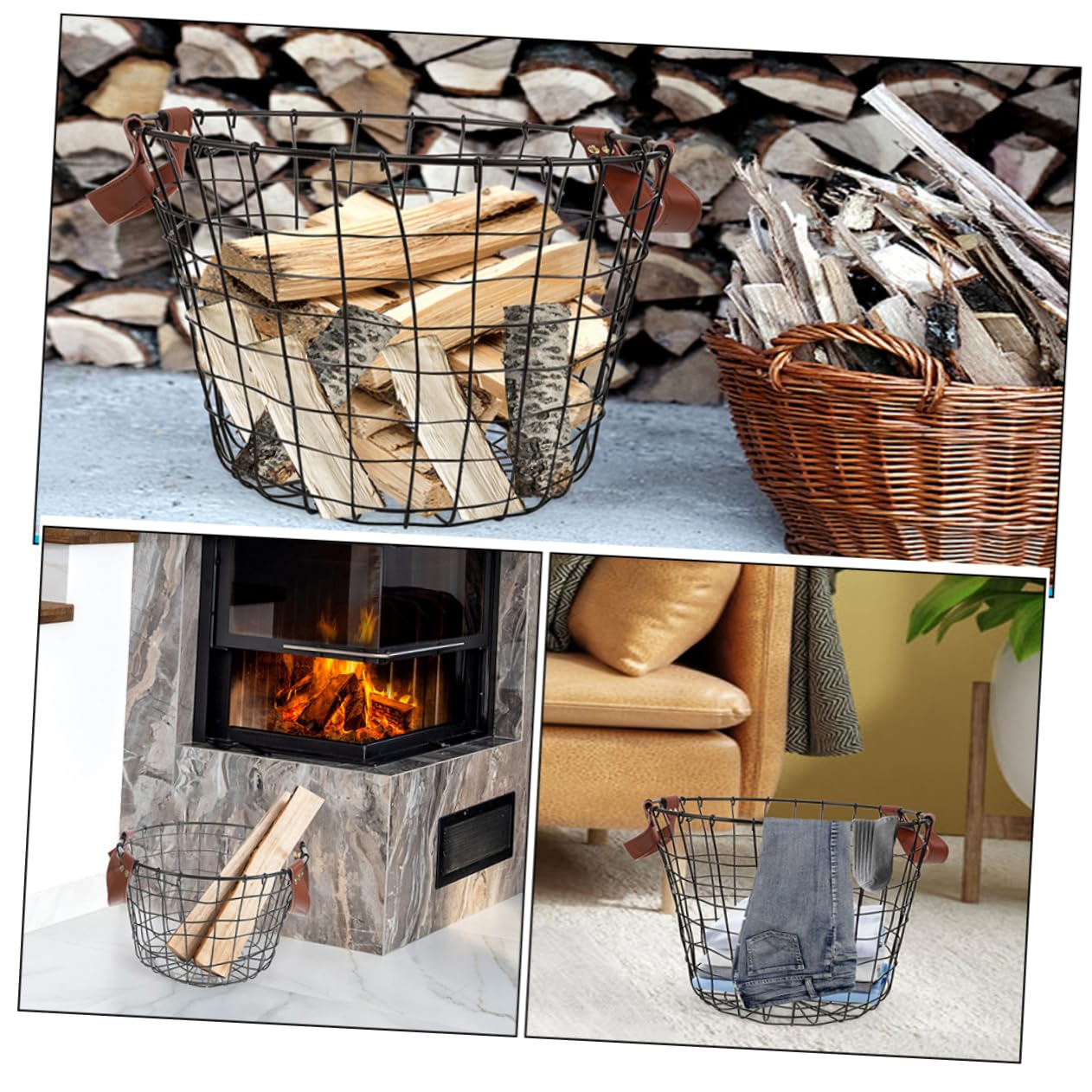 Didiseaon Cesto Rotondo in Ferro per Legna da Ardere con Manici, Grande Capacità, Stile Rustico Farmhouse, per Barbecue All'aperto o Uso Interno
