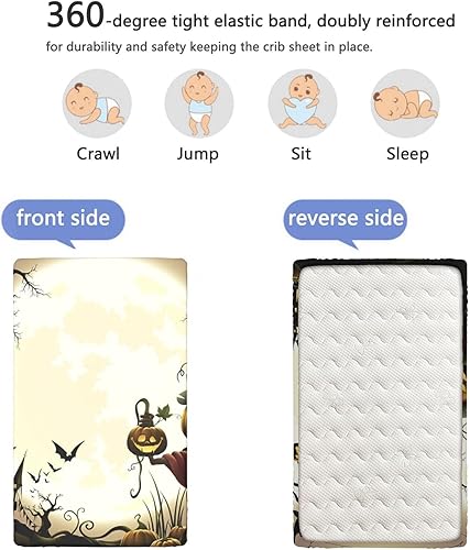 Miniatura 5 de Sábana bajera ajustable para cuna de Halloween, patrón de espantapájaros de calabaza, sábana bajera estándar para cuna, suave y elástica, sábana