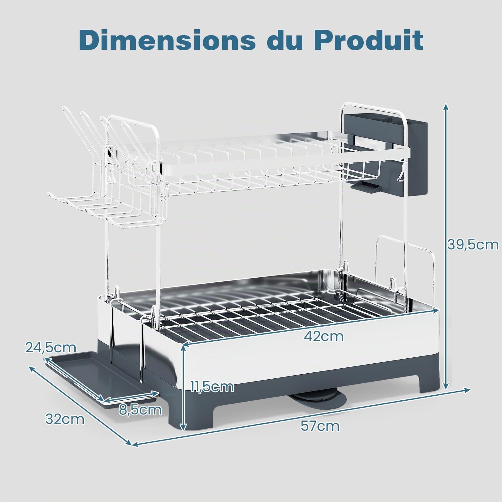 COSTWAY Égouttoir à Vaisselle en Acier Inoxydable, Égouttoir à Vaisselle à 2 Niveaux avec Bac d'Égouttage, Seau & Porte-Couverts, Bec Extensible et Pivotant, Organisateur pour Ustensiles de Cuisine