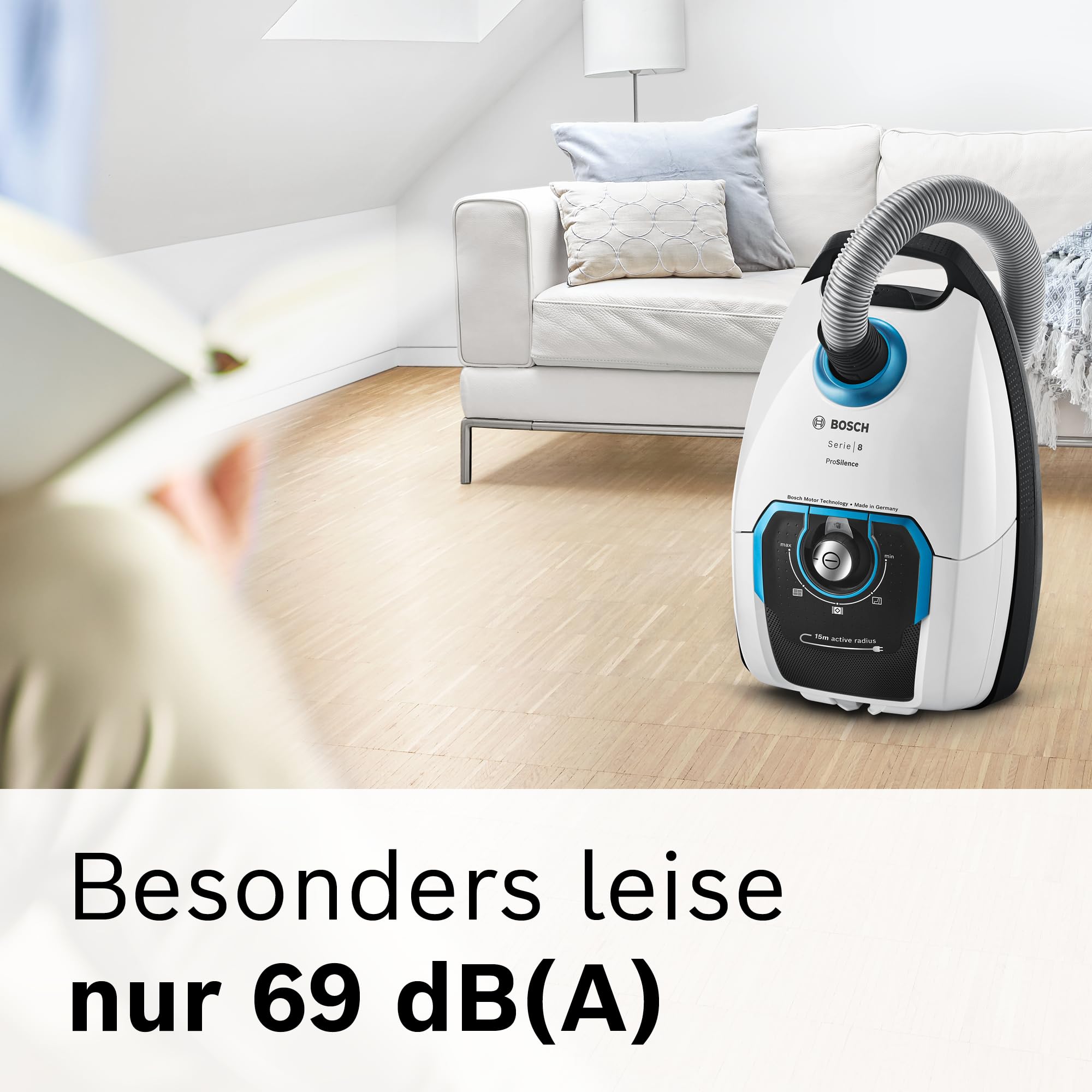 Bosch Staubsauger mit Beutel ProSilence Serie 8 BGB75XSIL, Bodenstaubsauger, ideal für Allergiker, Hygiene-Filter, 10 Jahre Motorgarantie, Hartbodendüse, langes Kabel, Made in Germany, 650 W, weiß