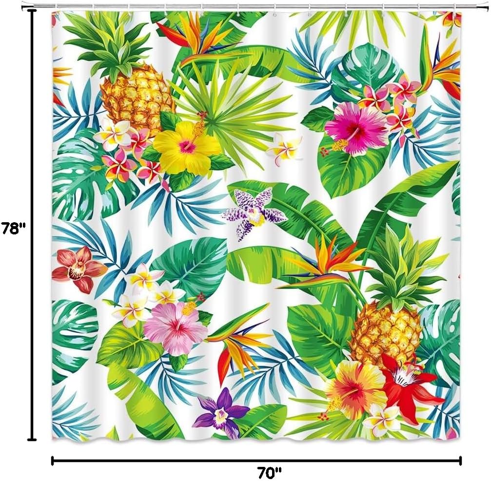 Tropical Floral Shower Curtain Palm Banana Leaves Hibiscus Pineapple Hawaii Watercolor Flower Leaf Fruit Plumeria Green Yellow Pink Home Decor Bathroom Fabric Set with Hooks(70" Wx84 H)